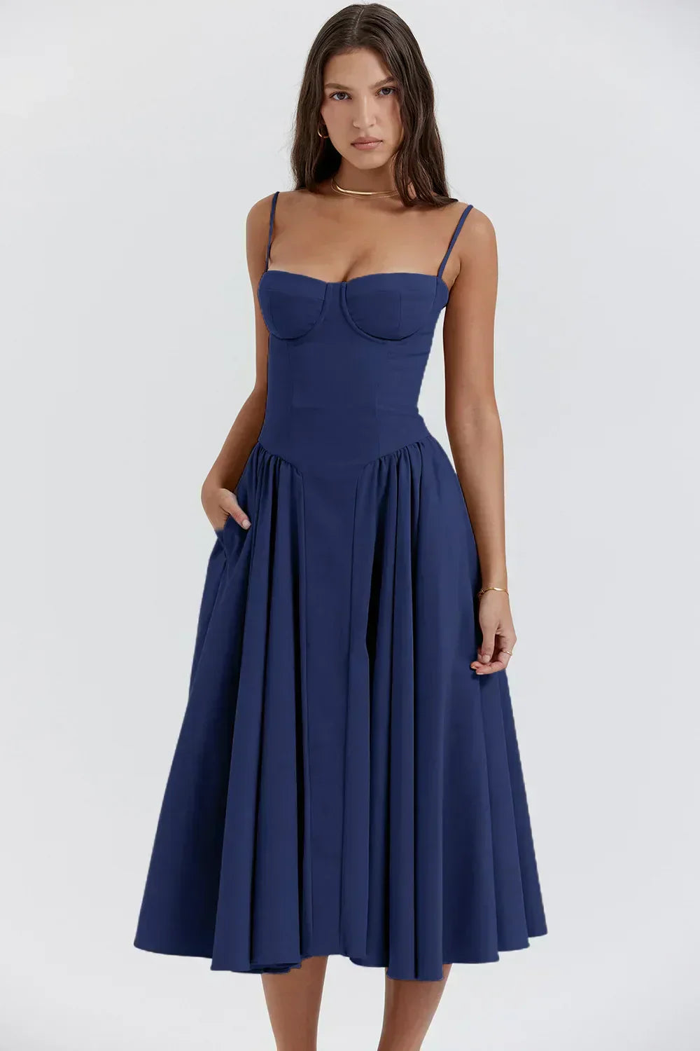 Navy Midi Sweetheart-Neck Spaghetti-Strap Corset A-Line Wedding Guest Dress