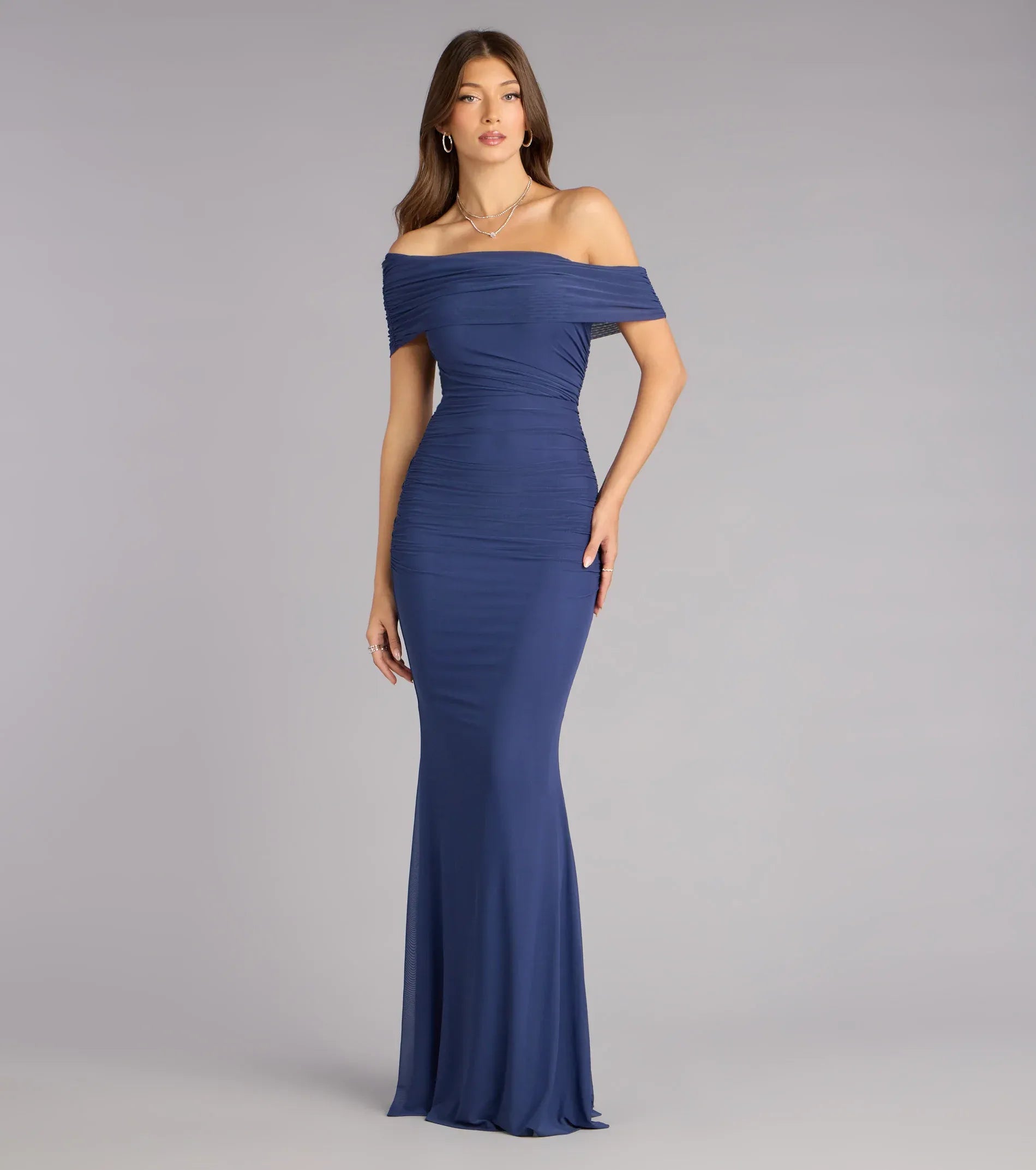 Navy Off Shoulder All Over Ruched Mesh Mermaid Maxi Formal Dress