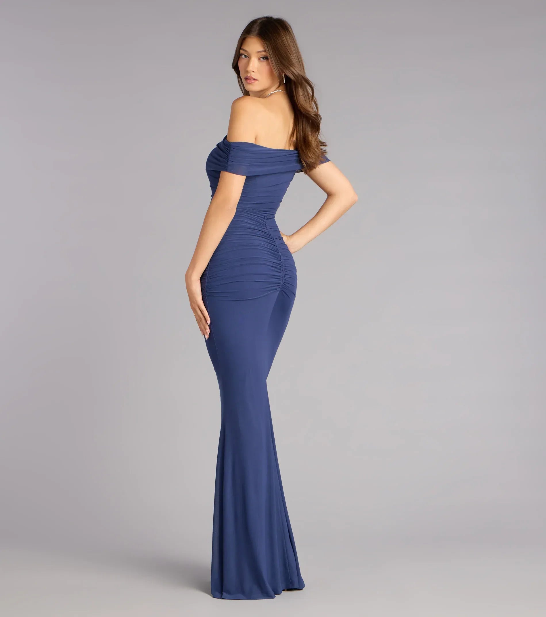 Navy Off Shoulder All Over Ruched Mesh Mermaid Maxi Formal Dress