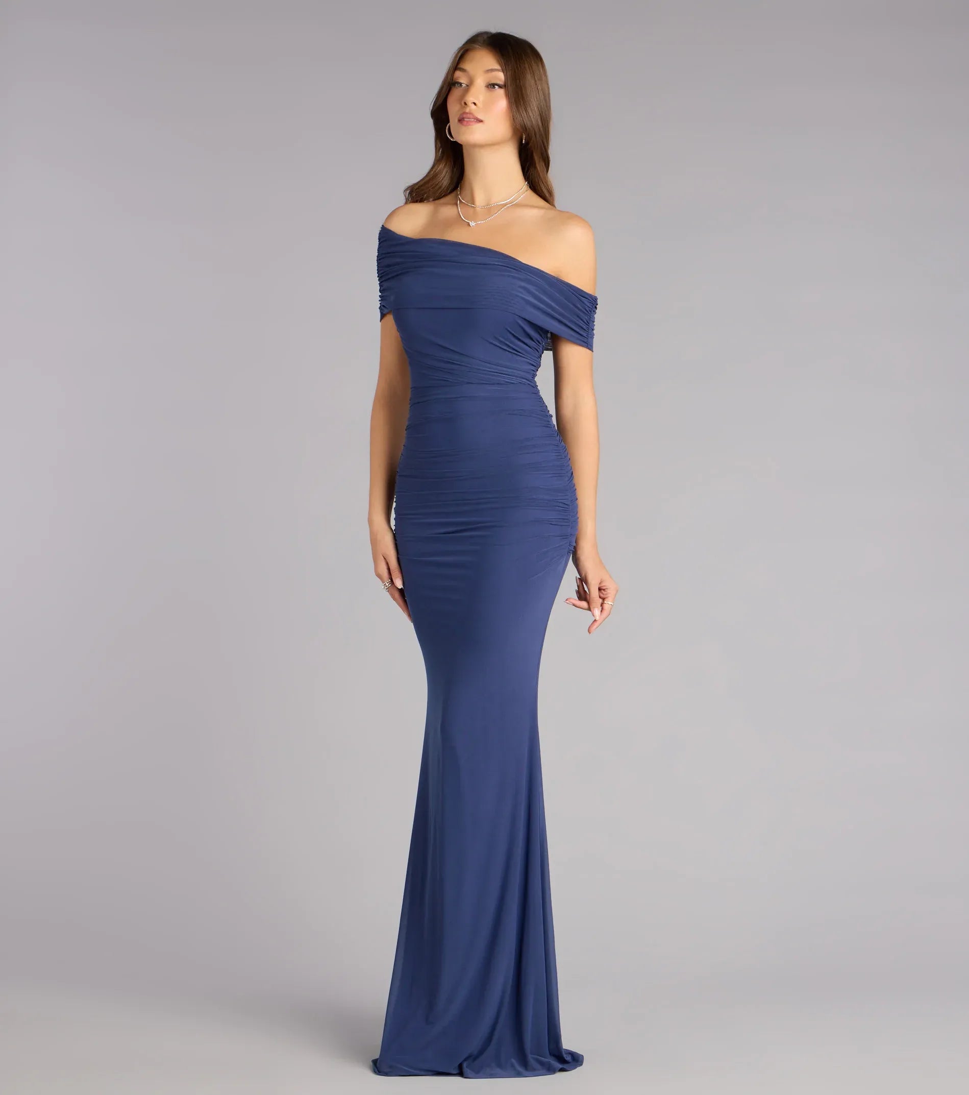 Navy Off Shoulder All Over Ruched Mesh Mermaid Maxi Formal Dress