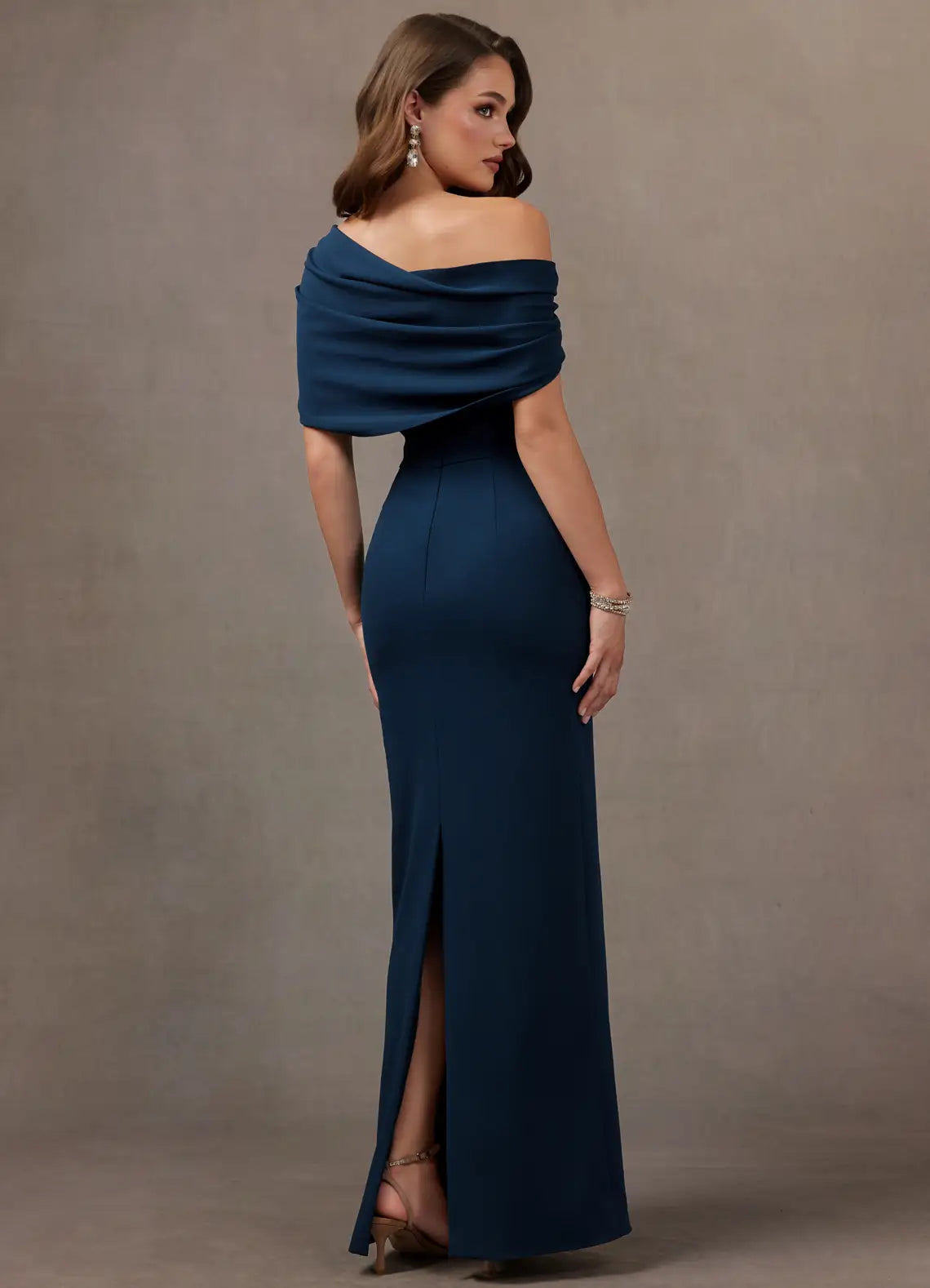 Navy Off Shoulder Draped Cowl Fitted Column Slit Maxi Wedding Guest Dress