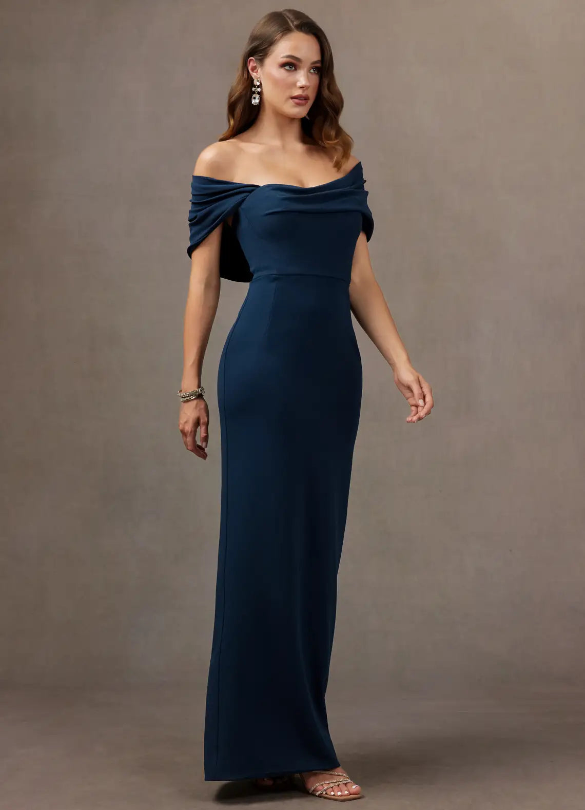 Navy Off Shoulder Draped Cowl Fitted Column Slit Maxi Wedding Guest Dress