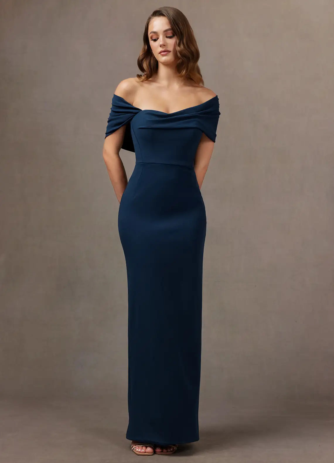 Navy Off Shoulder Draped Cowl Fitted Column Slit Maxi Wedding Guest Dress