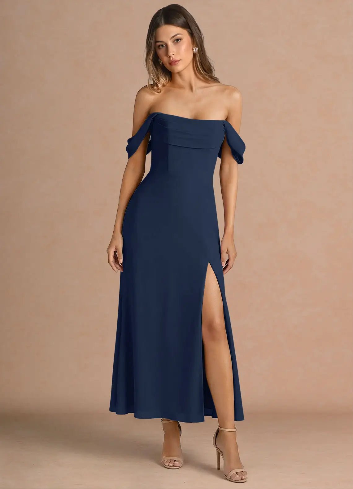 Navy Off Shoulder Fold Over Midi Slit Chiffon Wedding Guest Dress