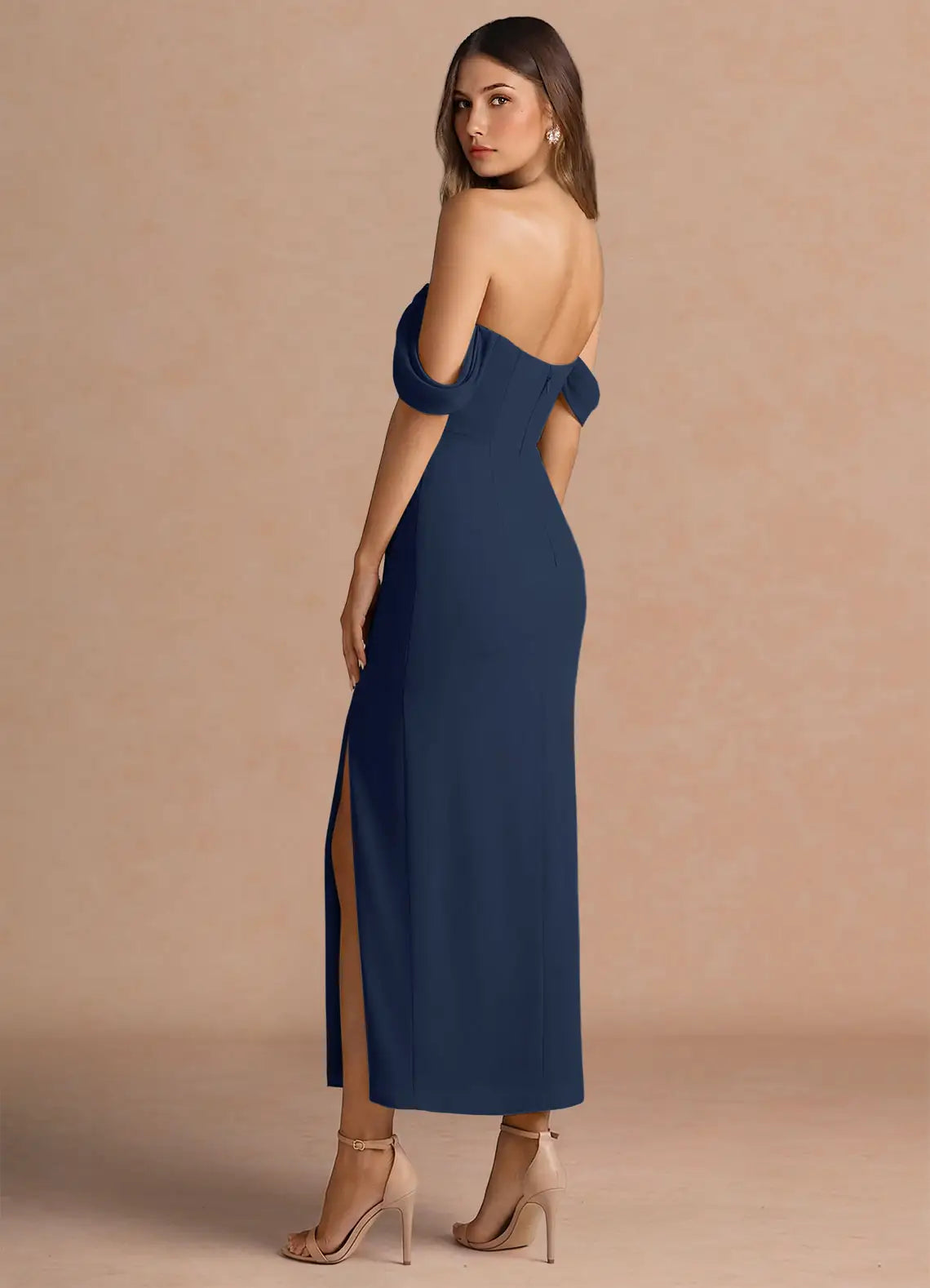 Navy Off Shoulder Fold Over Midi Slit Chiffon Wedding Guest Dress
