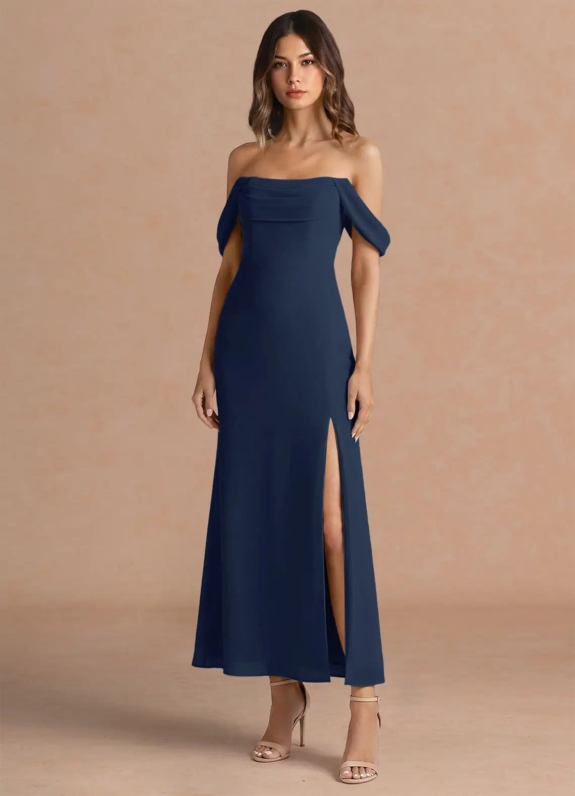 Navy Off Shoulder Fold Over Midi Slit Chiffon Wedding Guest Dress