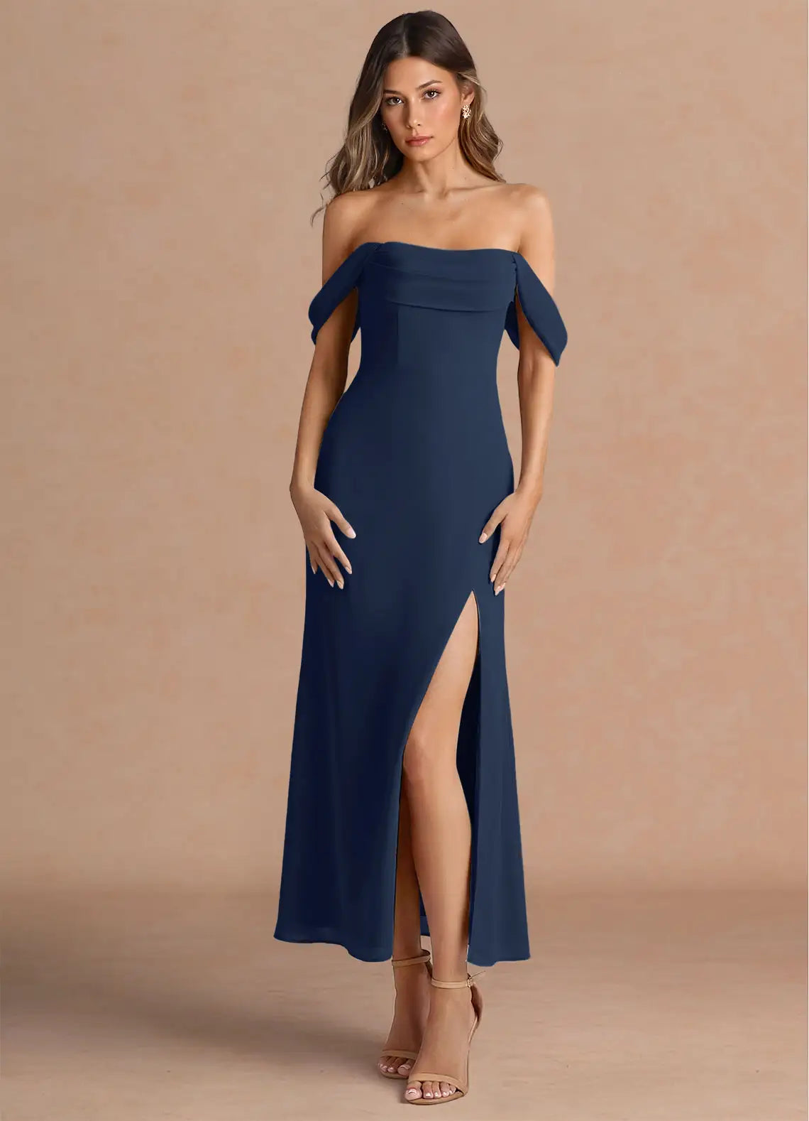 Navy Off Shoulder Fold Over Midi Slit Chiffon Wedding Guest Dress