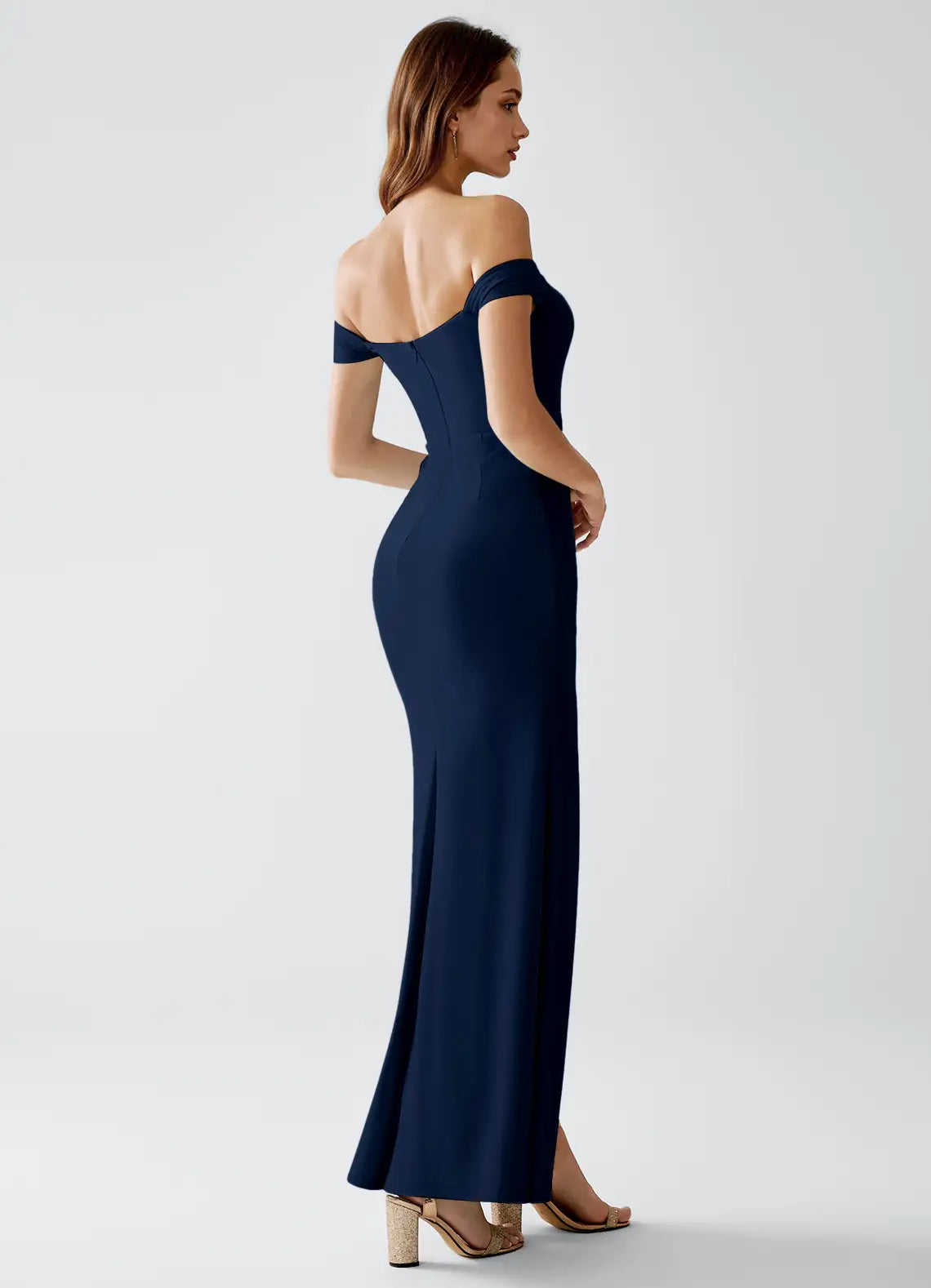 Navy Off Shoulder Sweetheart Slit Mermaid Maxi Wedding Guest Dress