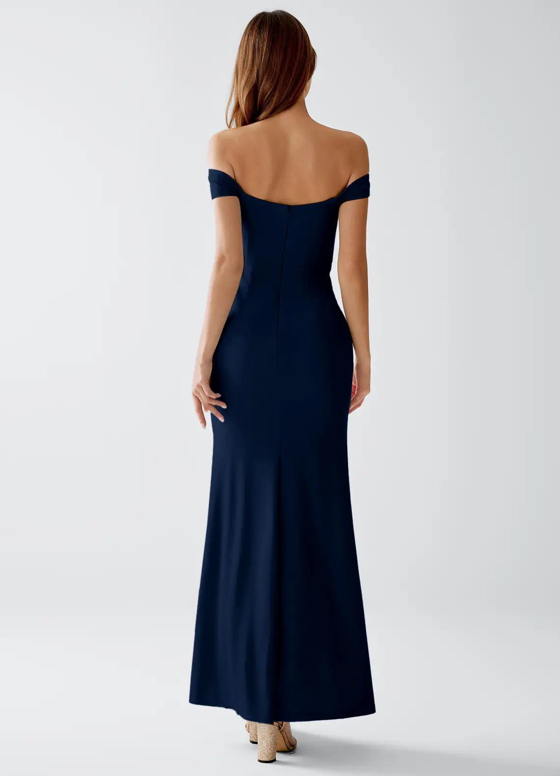 Navy Off Shoulder Sweetheart Slit Mermaid Maxi Wedding Guest Dress