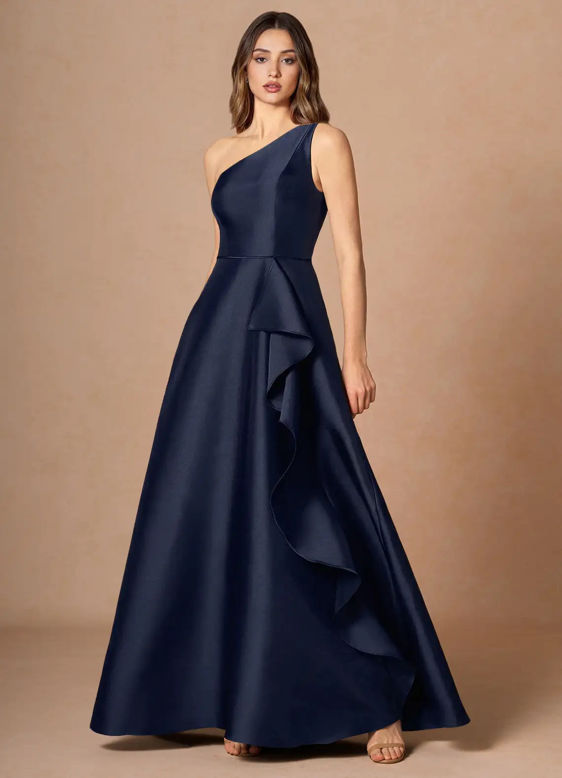 Navy One Shoulder Cascading Ruffle A-Line Satin Maxi Wedding Guest Dress