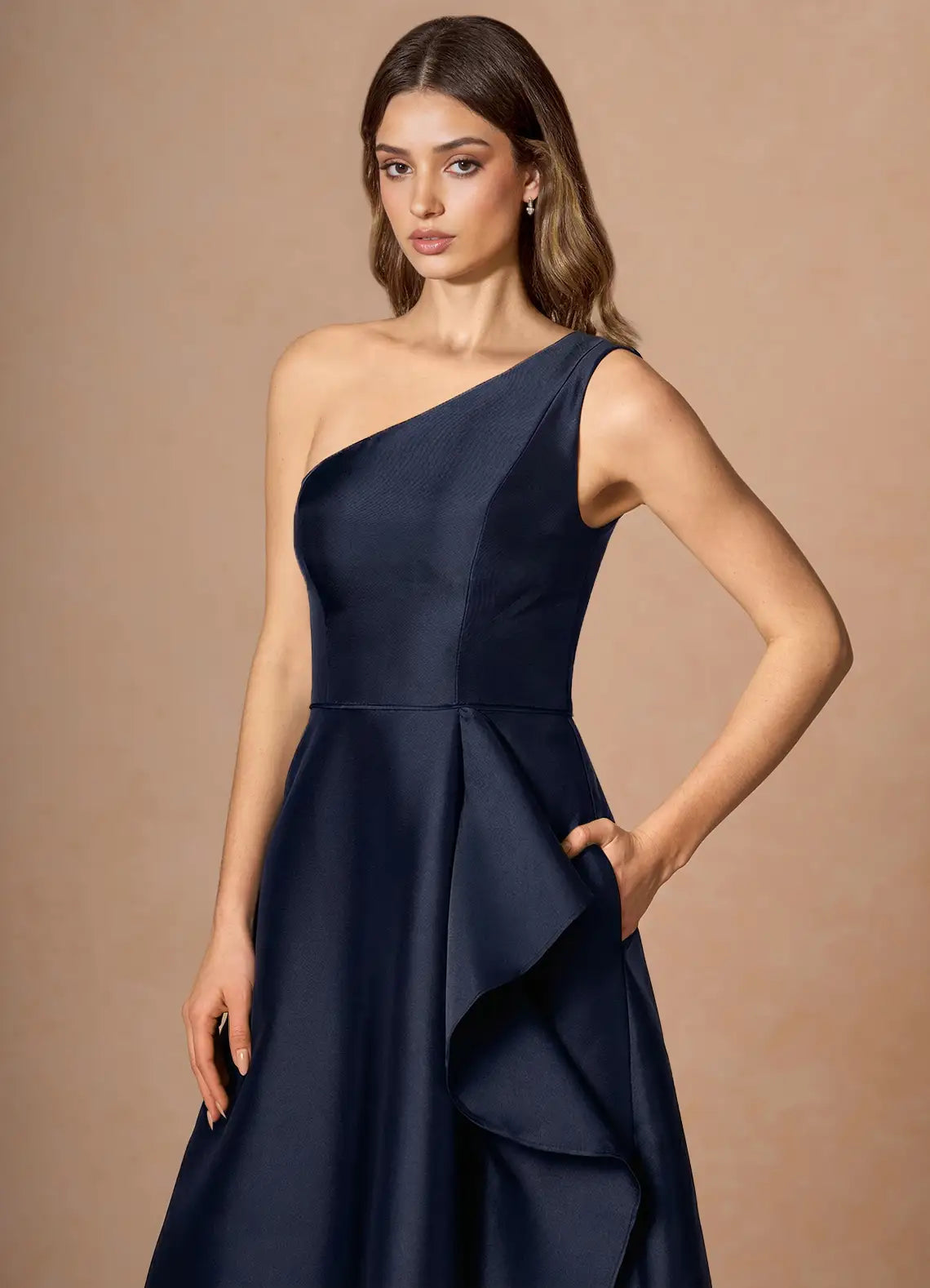 Navy One Shoulder Cascading Ruffle A-Line Satin Maxi Wedding Guest Dress