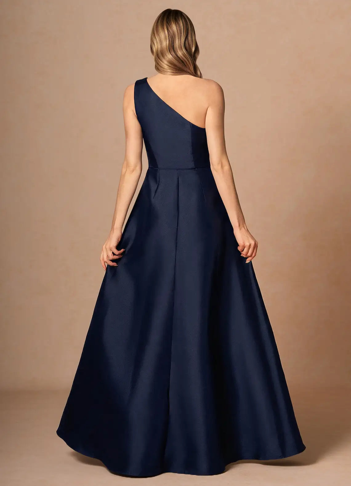 Navy One Shoulder Cascading Ruffle A-Line Satin Maxi Wedding Guest Dress