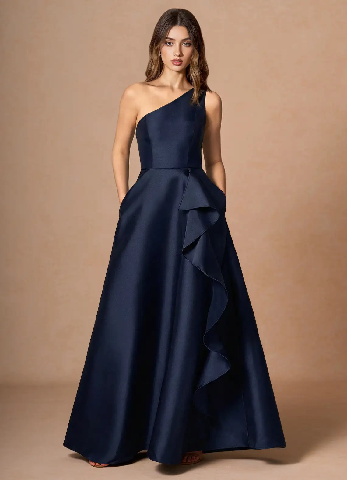 Navy One Shoulder Cascading Ruffle A-Line Satin Maxi Wedding Guest Dress