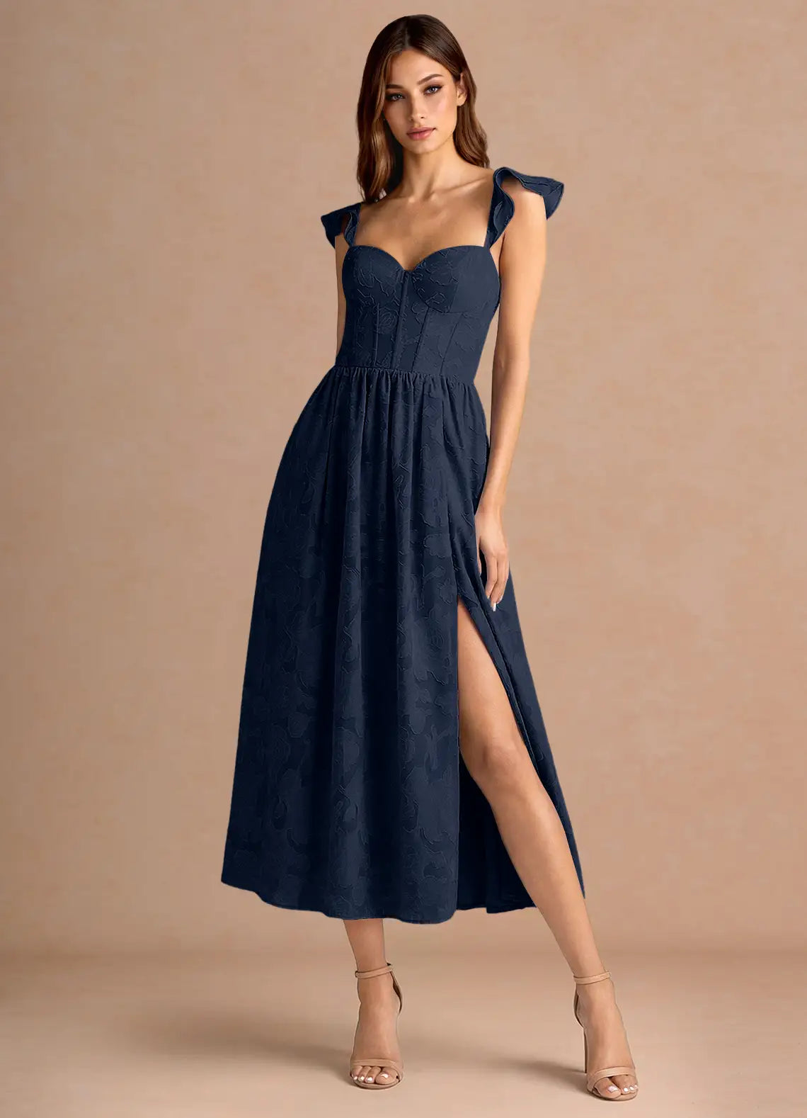 Navy Ruffle Strap Sweetheart Corset High Slit Jacquard Midi Wedding Guest Dress