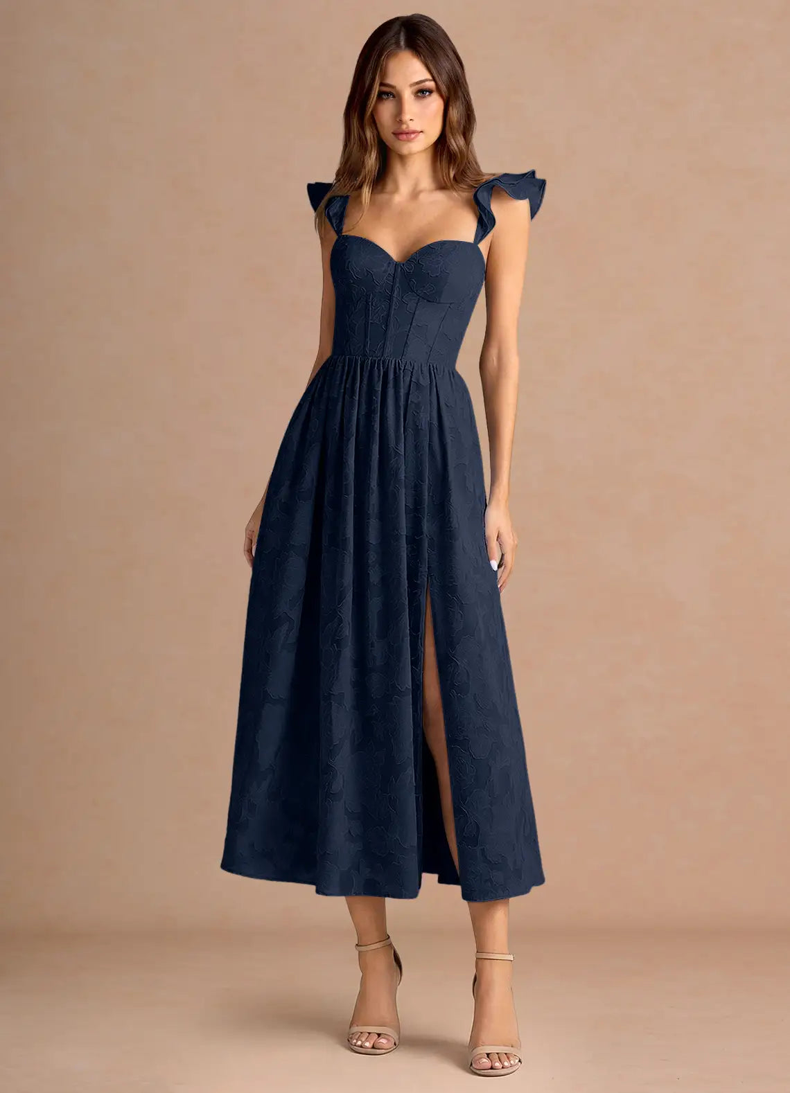 Navy Ruffle Strap Sweetheart Corset High Slit Jacquard Midi Wedding Guest Dress