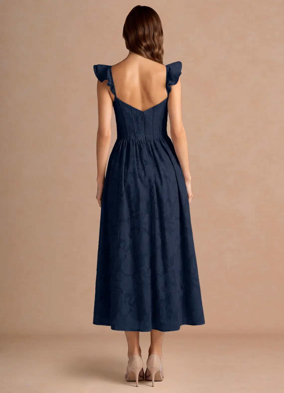 Navy Ruffle Strap Sweetheart Corset High Slit Jacquard Midi Wedding Guest Dress