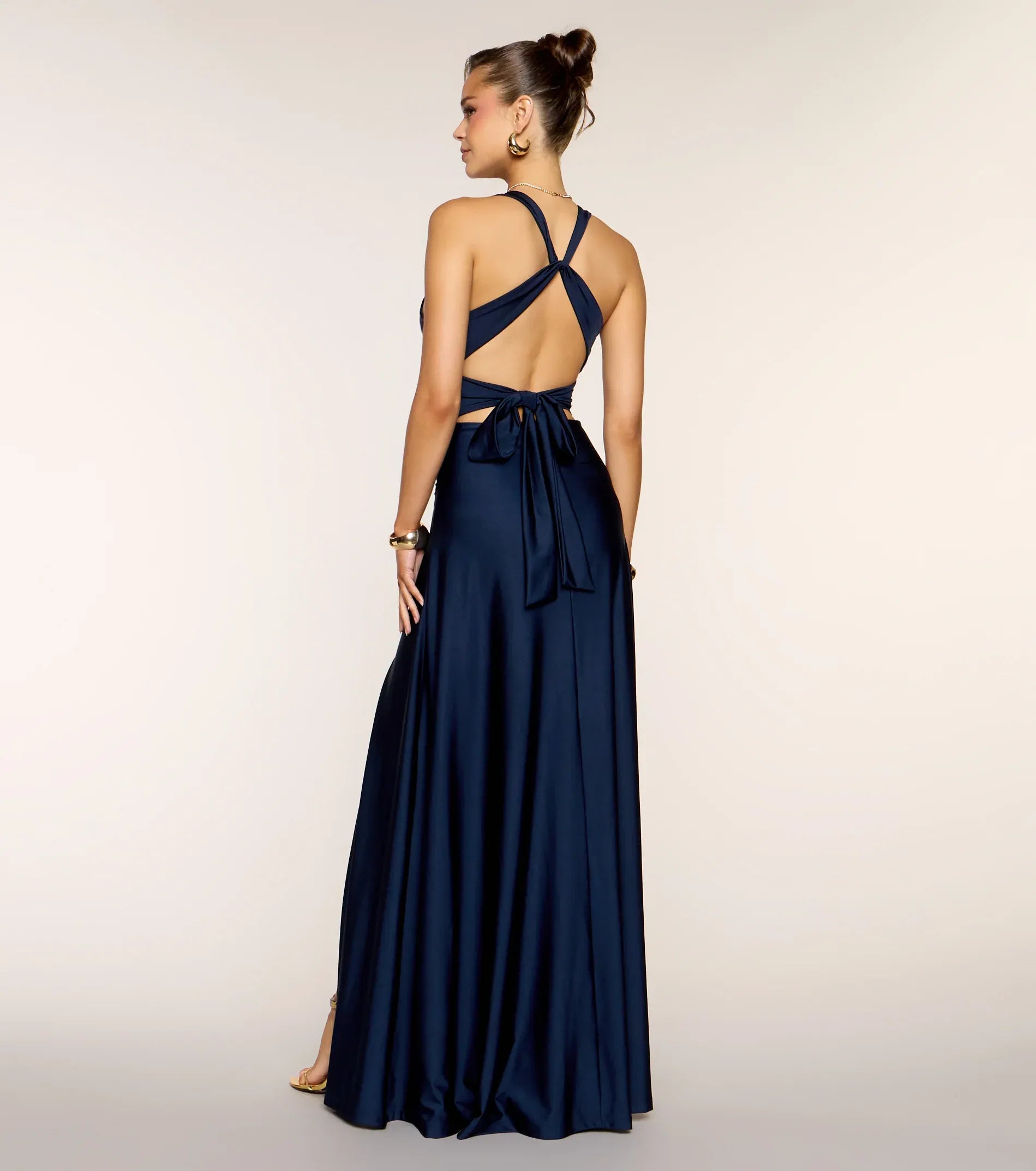 Navy Satin Halter Twist Front Tie Open Back High Slit Floor Length Wedding Guest Dress
