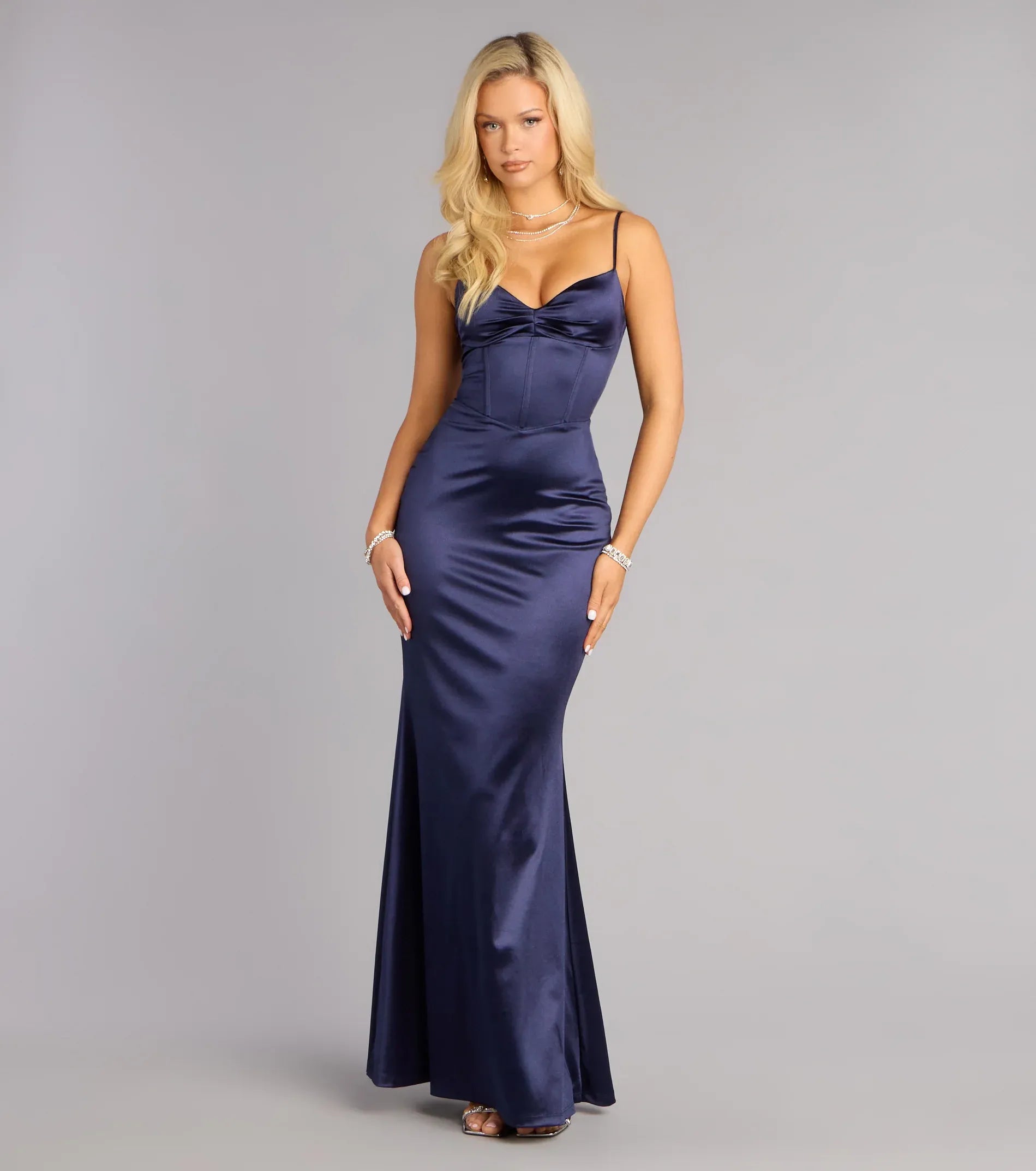 Navy Spaghetti Strap Corset Lace-Up Back Satin Mermaid Maxi Wedding Guest Dress