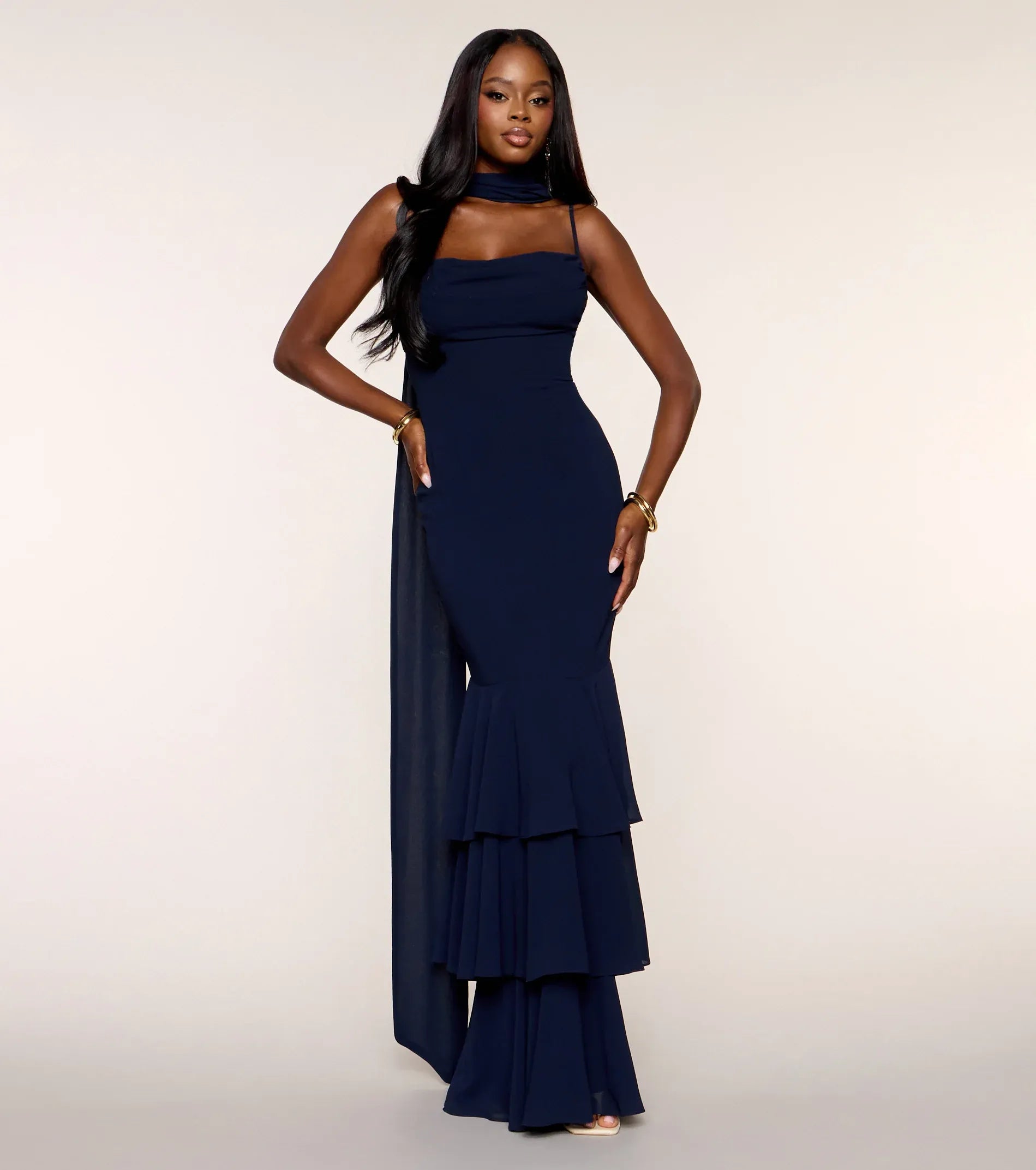 Navy Spaghetti Strap Cowl Neck Choker Tiered Ruffle Mermaid Maxi Wedding Guest Dress