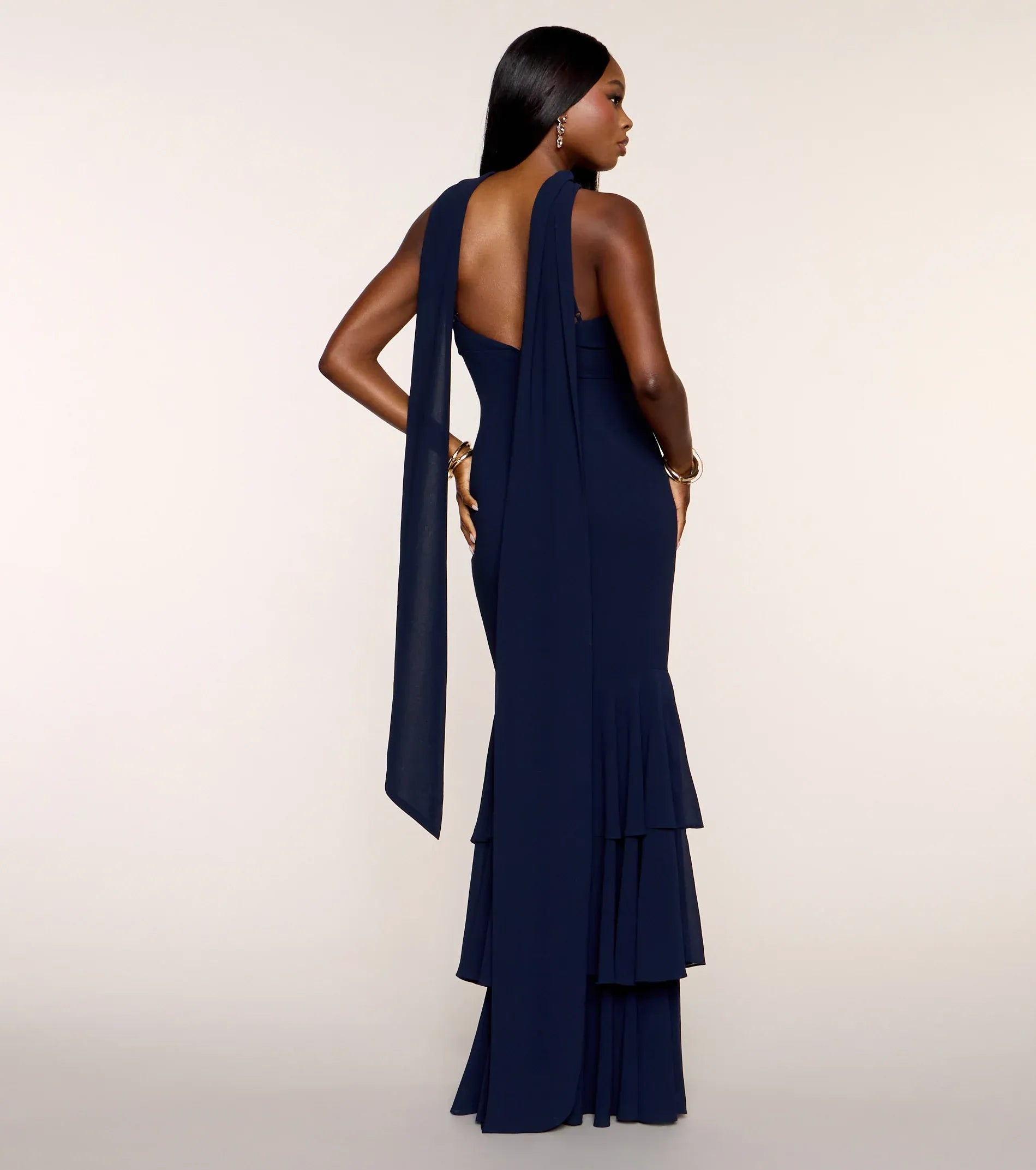 Navy Spaghetti Strap Cowl Neck Choker Tiered Ruffle Mermaid Maxi Wedding Guest Dress