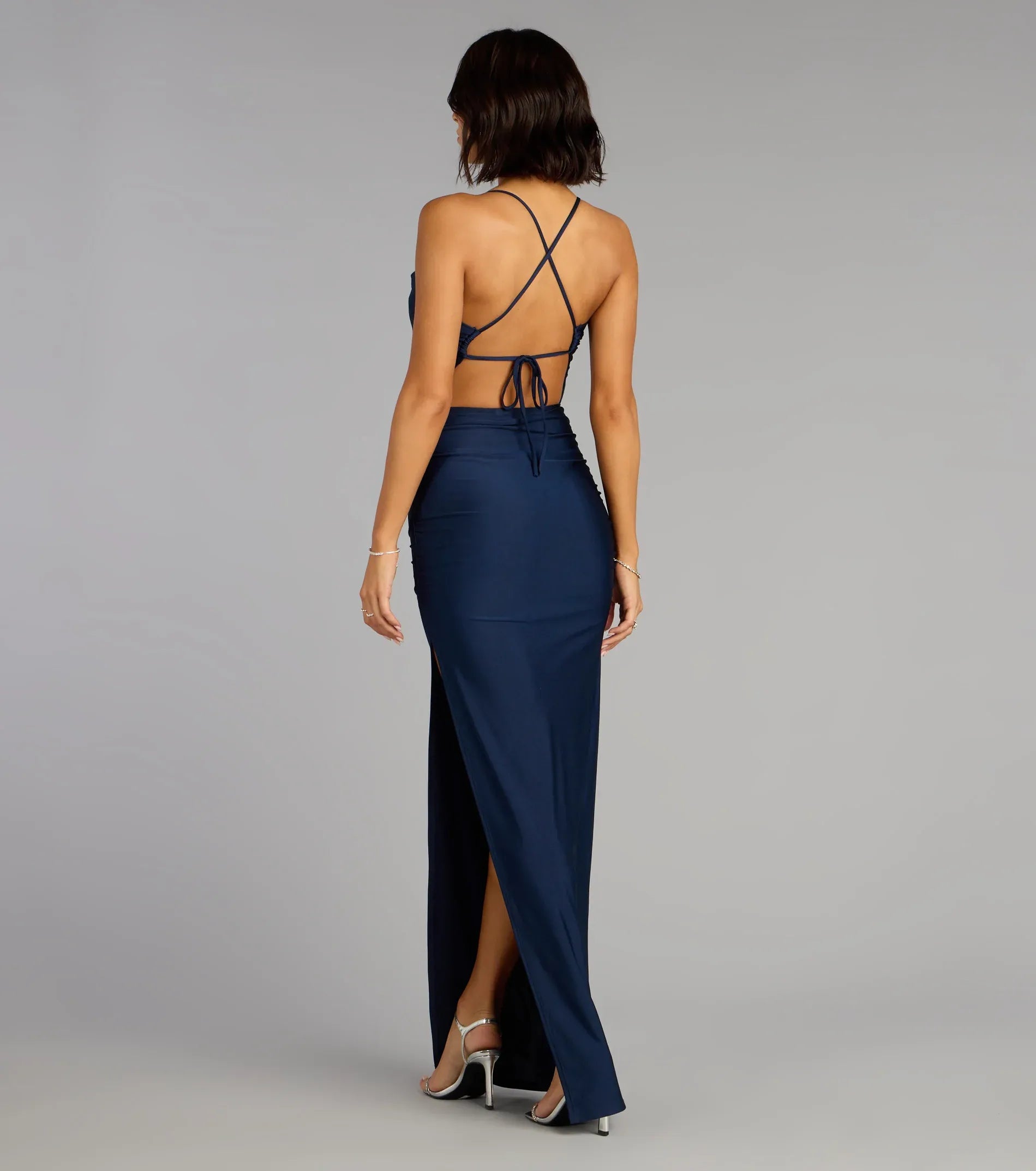 Navy Spaghetti Strap Cross Back Ruched High Slit Maxi Wedding Guest Dress