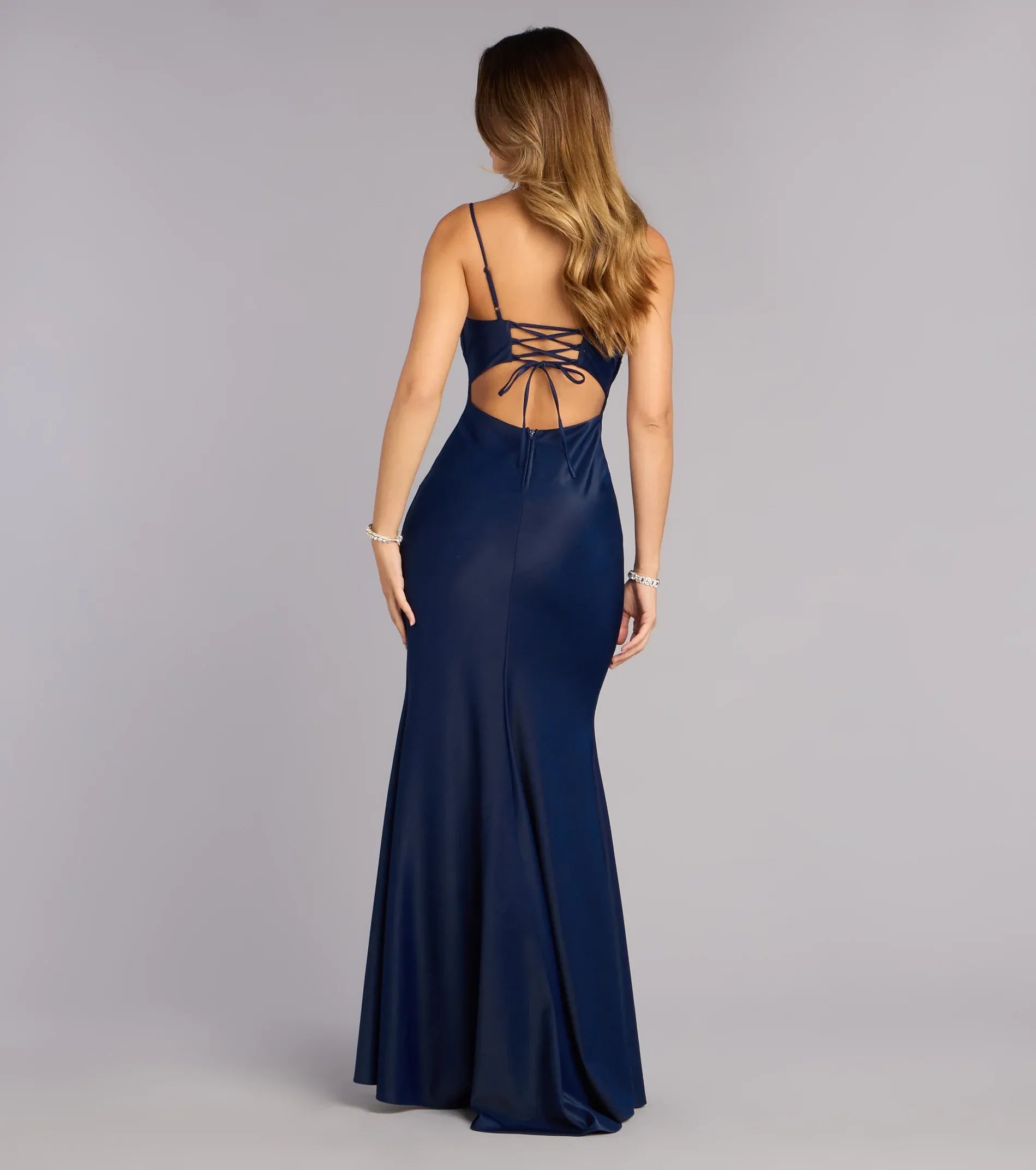 Navy Spaghetti Strap Ruched Bust Lace-Up Back Slit Mermaid Maxi Wedding Guest Dress