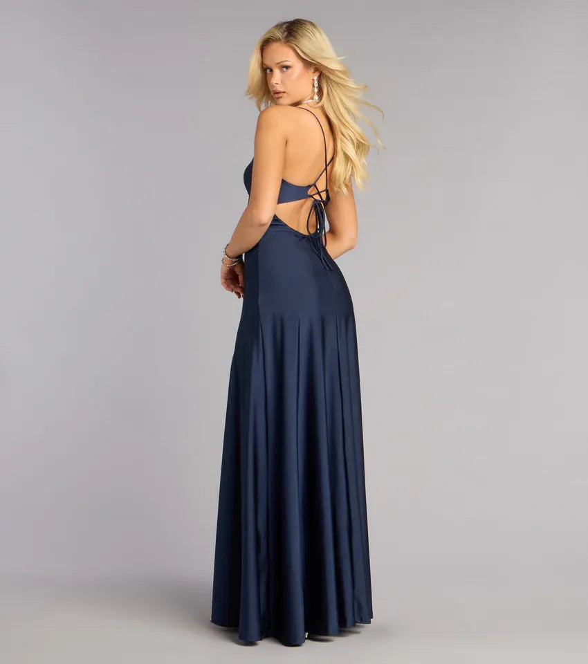 Navy Spaghetti Strap V-Neck Lace-Up Back High Slit Satin A-Line Maxi Wedding Guest Dress