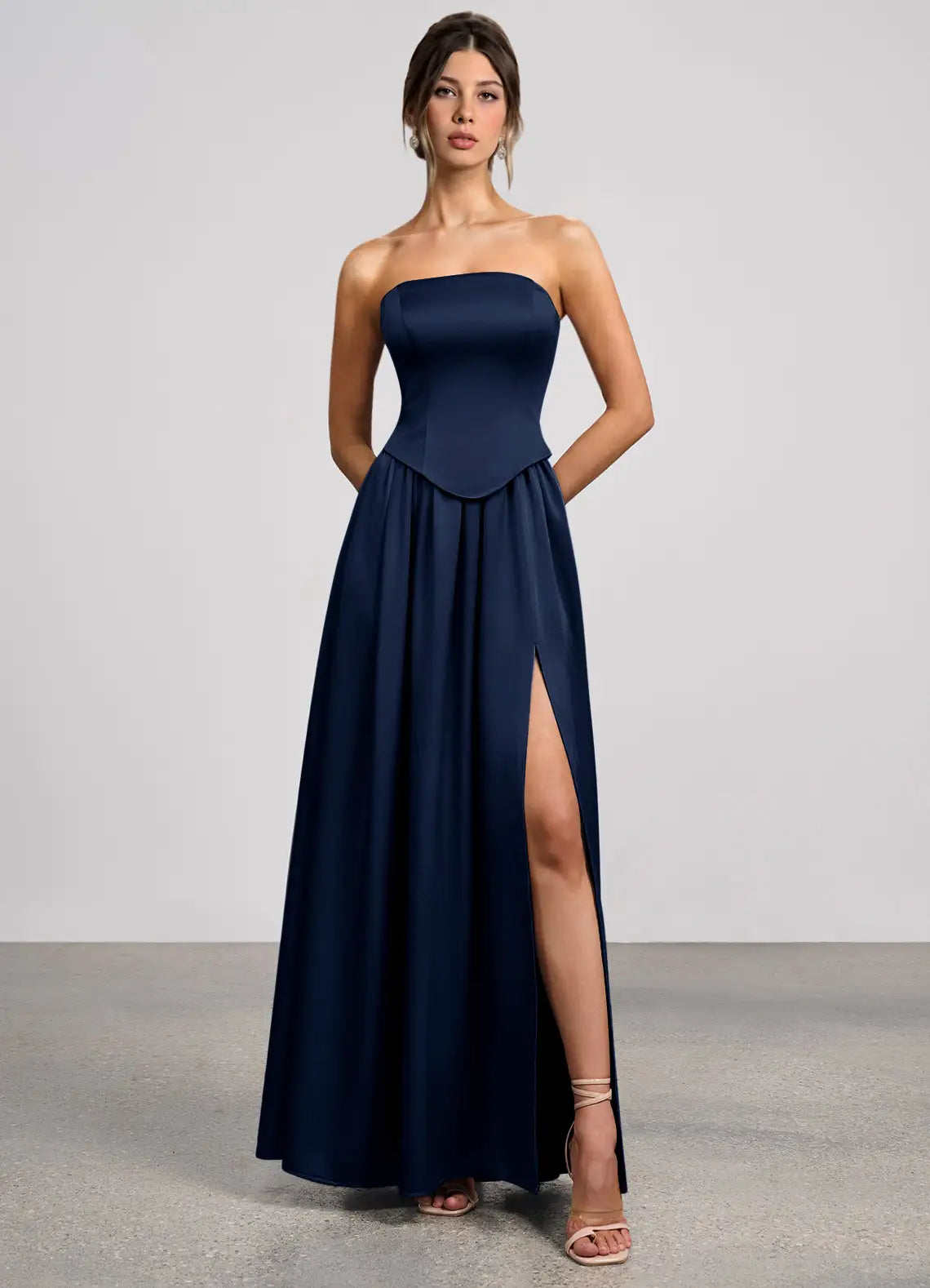 Navy Strapless Corset Spaghetti Strap Split A Line Maxi Wedding Guest Dress