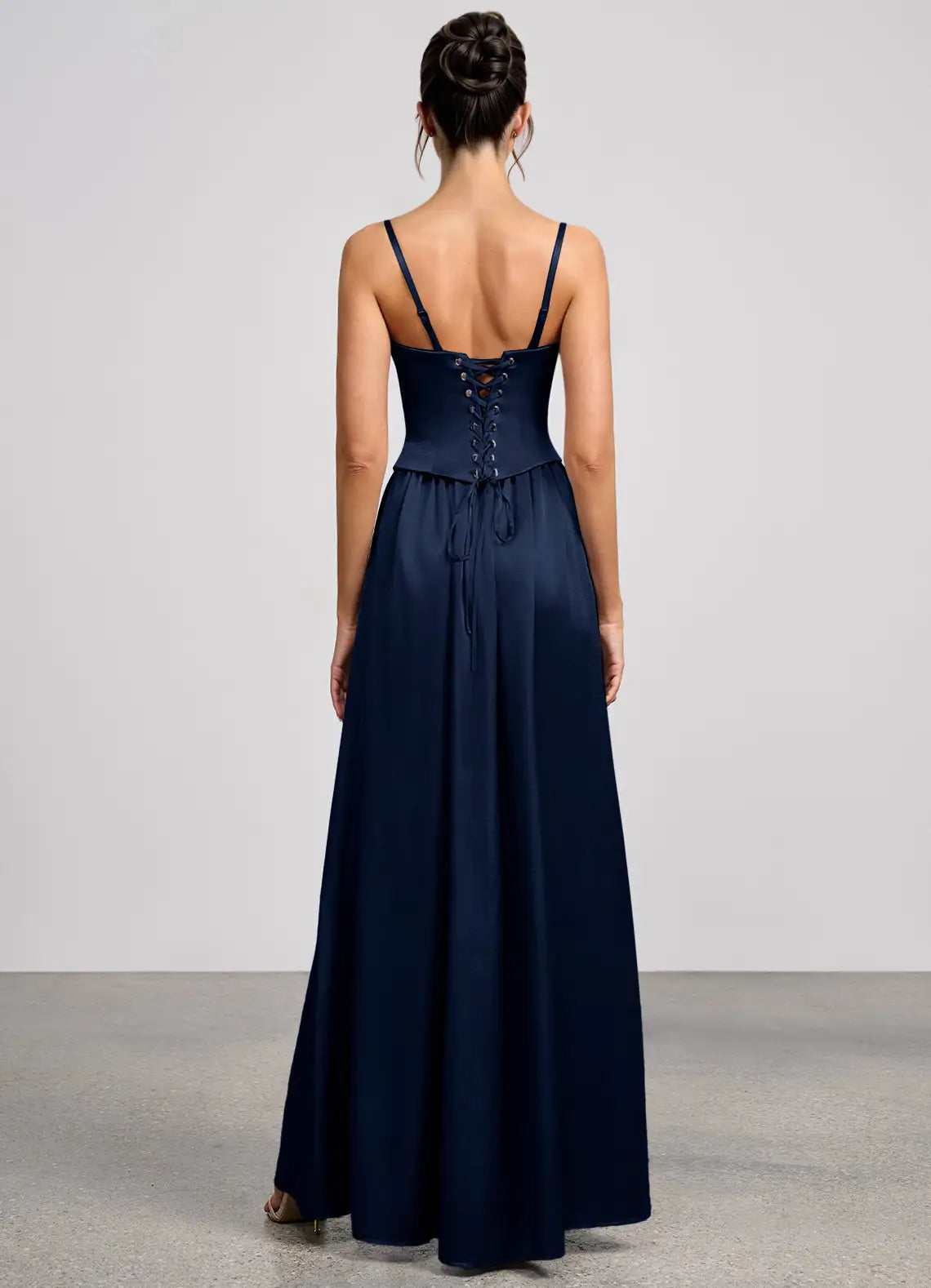 Navy Strapless Corset Spaghetti Strap Split A Line Maxi Wedding Guest Dress