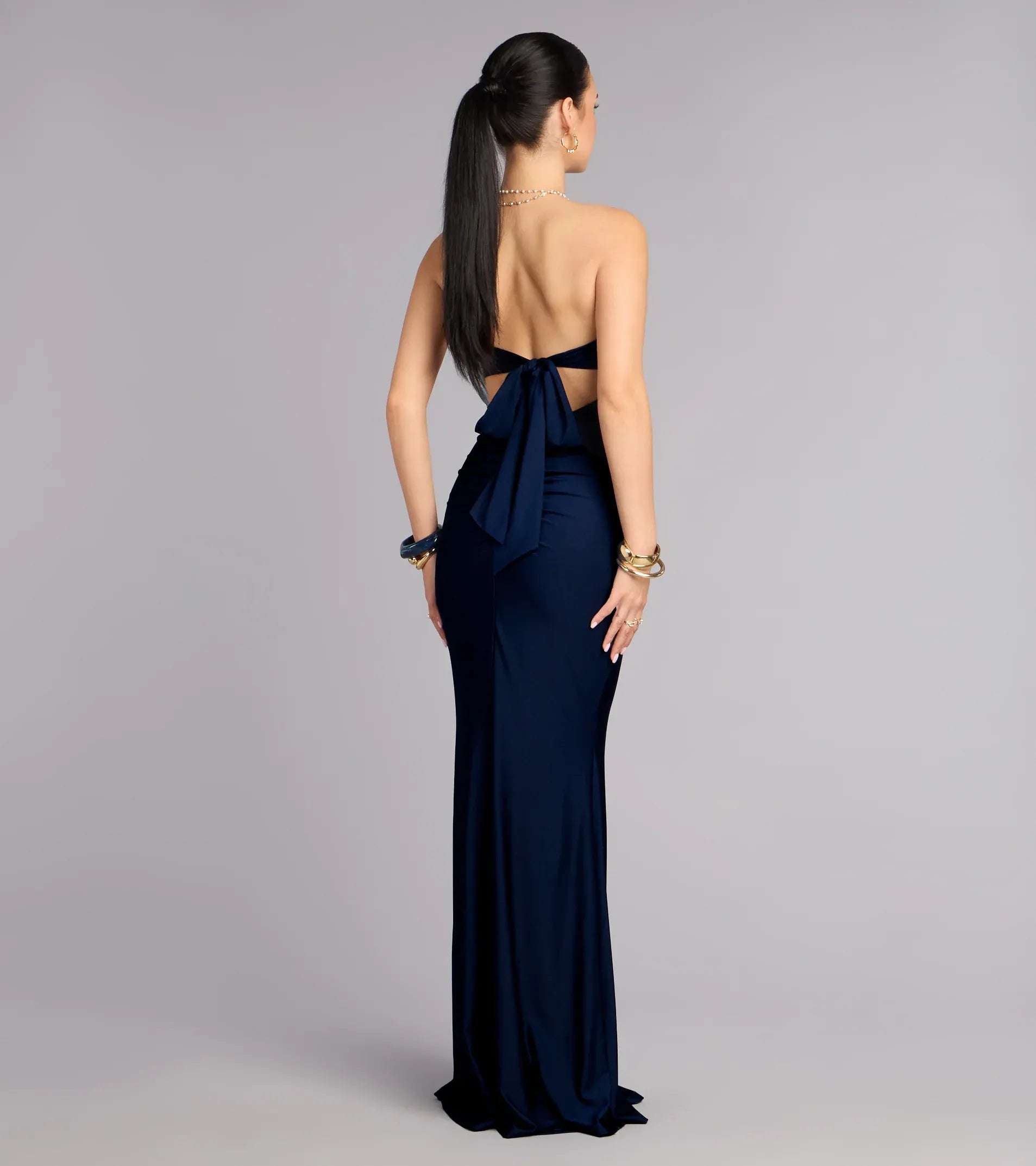 Navy Strapless Pearl Twist Tie Back Satin Mermaid Maxi Formal Dress