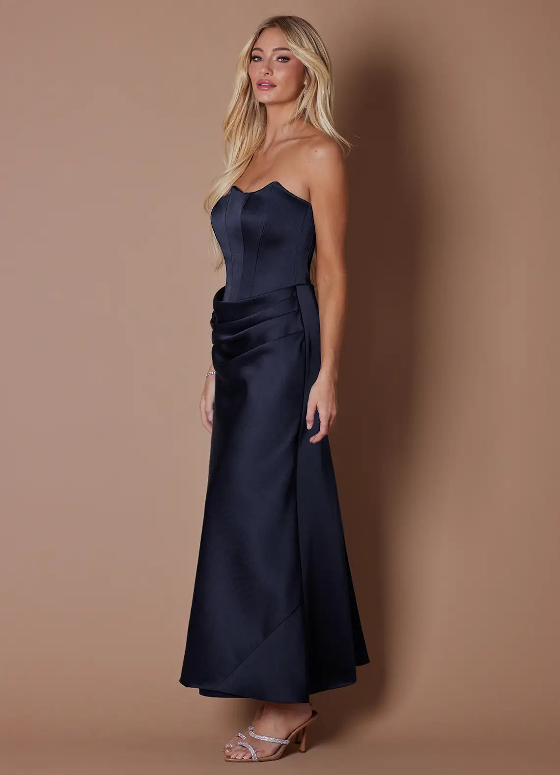 Navy Strapless Scallop Corset Ruched Satin Midi Wedding Guest Dress