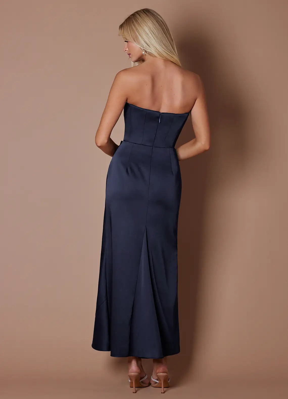 Navy Strapless Scallop Corset Ruched Satin Midi Wedding Guest Dress