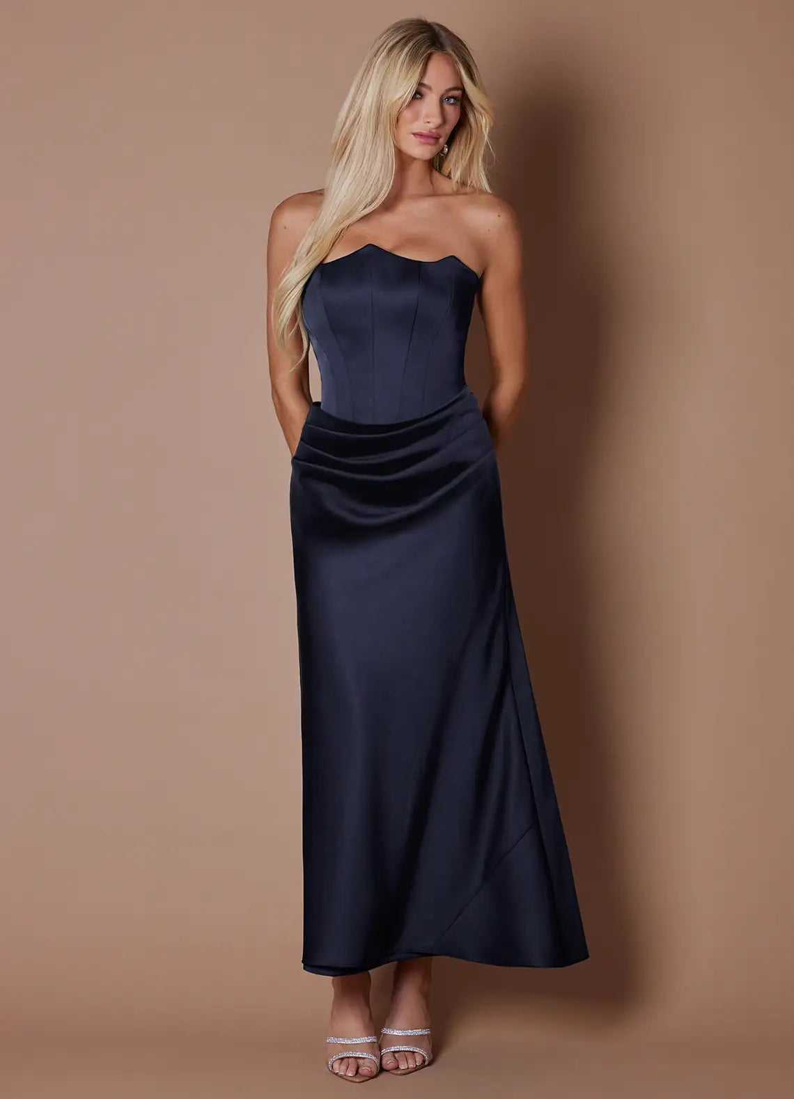 Navy Strapless Scallop Corset Ruched Satin Midi Wedding Guest Dress