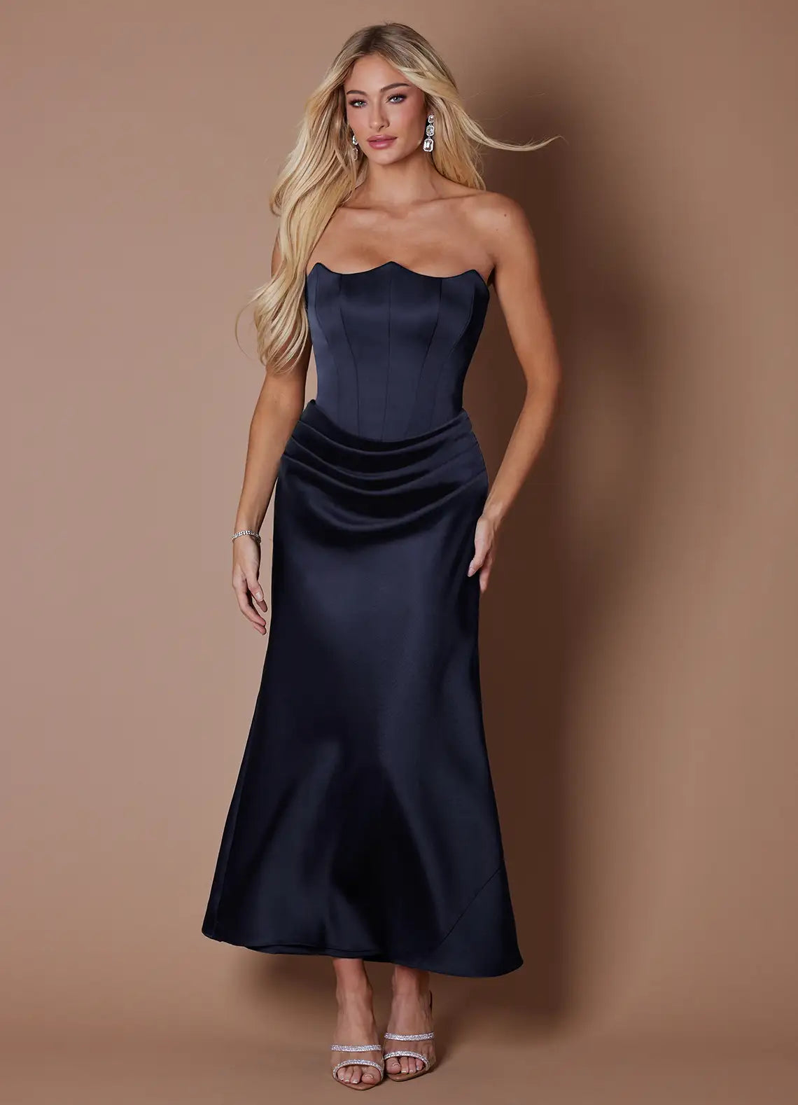 Navy Strapless Scallop Corset Ruched Satin Midi Wedding Guest Dress