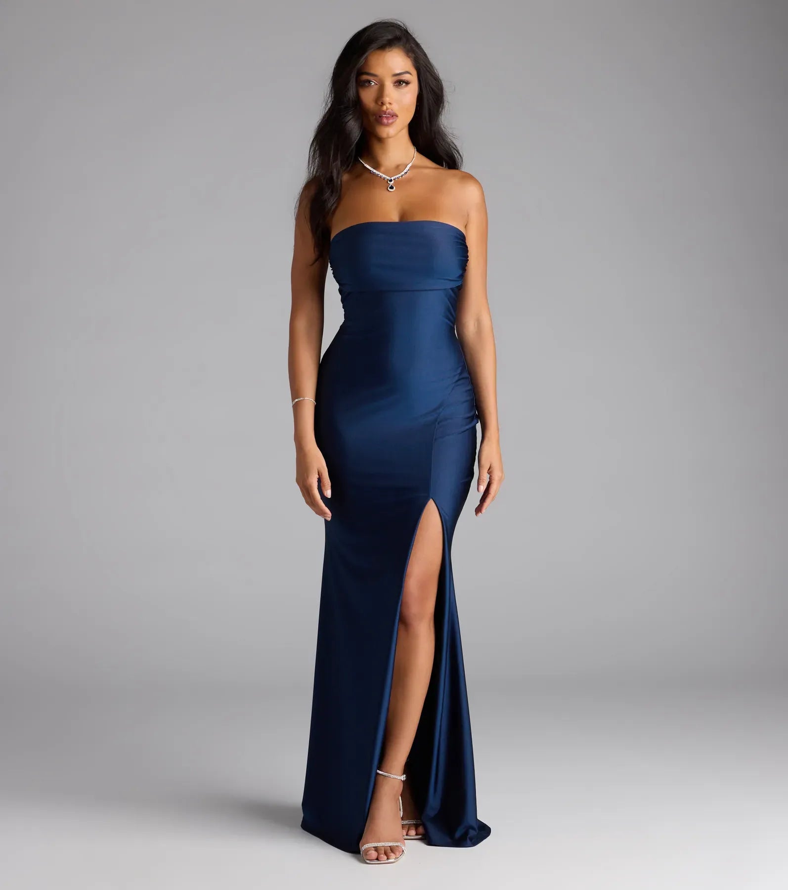 Navy Strapless Side Ruched Thigh Slit Mermaid Maxi Wedding Guest Dress