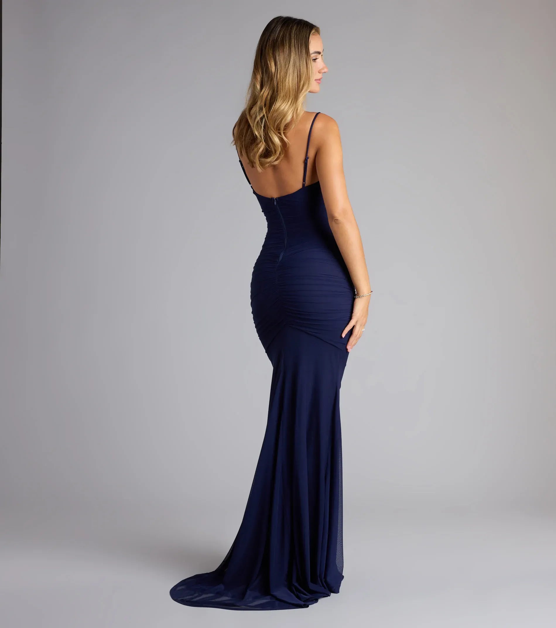 Navy Thin Spaghetti Strap Cowl V Neck All Over Ruched Mesh Mermaid Maxi Wedding Guest Dress