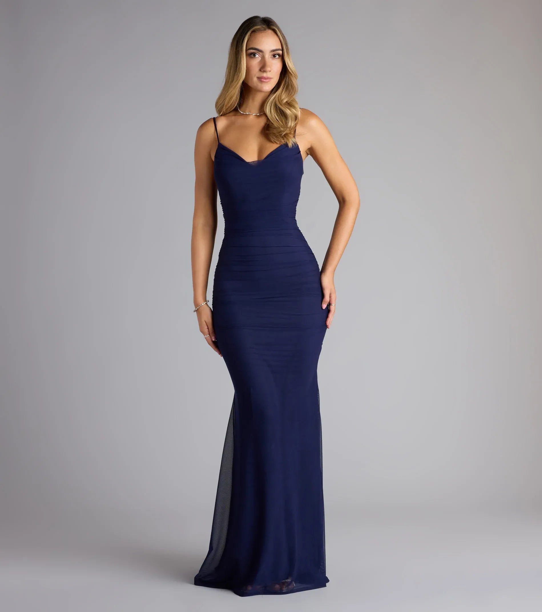 Navy Thin Spaghetti Strap Cowl V Neck All Over Ruched Mesh Mermaid Maxi Wedding Guest Dress
