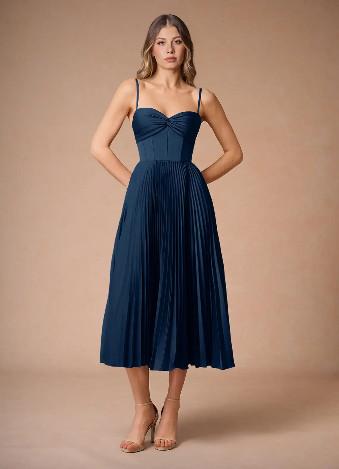 Navy Thin Spaghetti Strap Twist Corset Pleated Midi Wedding Guest Dress