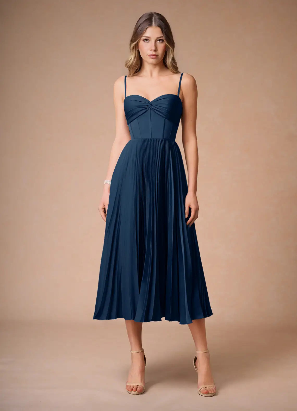 Navy Thin Spaghetti Strap Twist Corset Pleated Midi Wedding Guest Dress