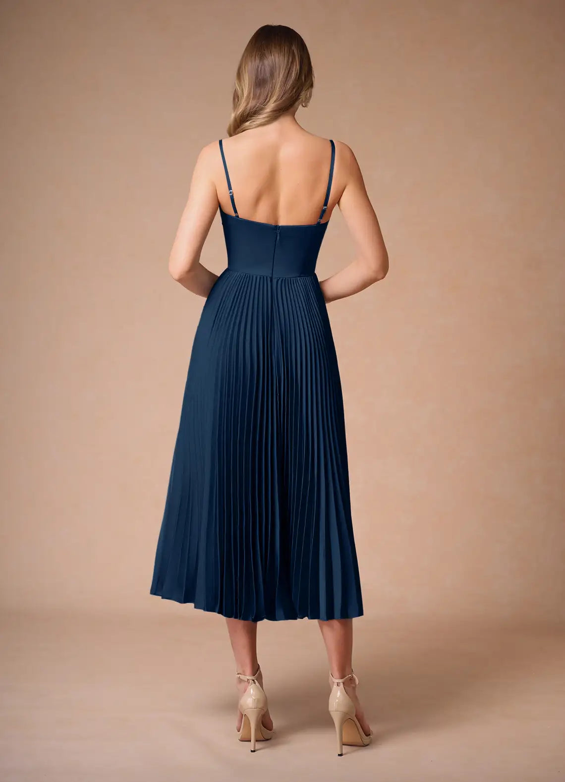 Navy Thin Spaghetti Strap Twist Corset Pleated Midi Wedding Guest Dress