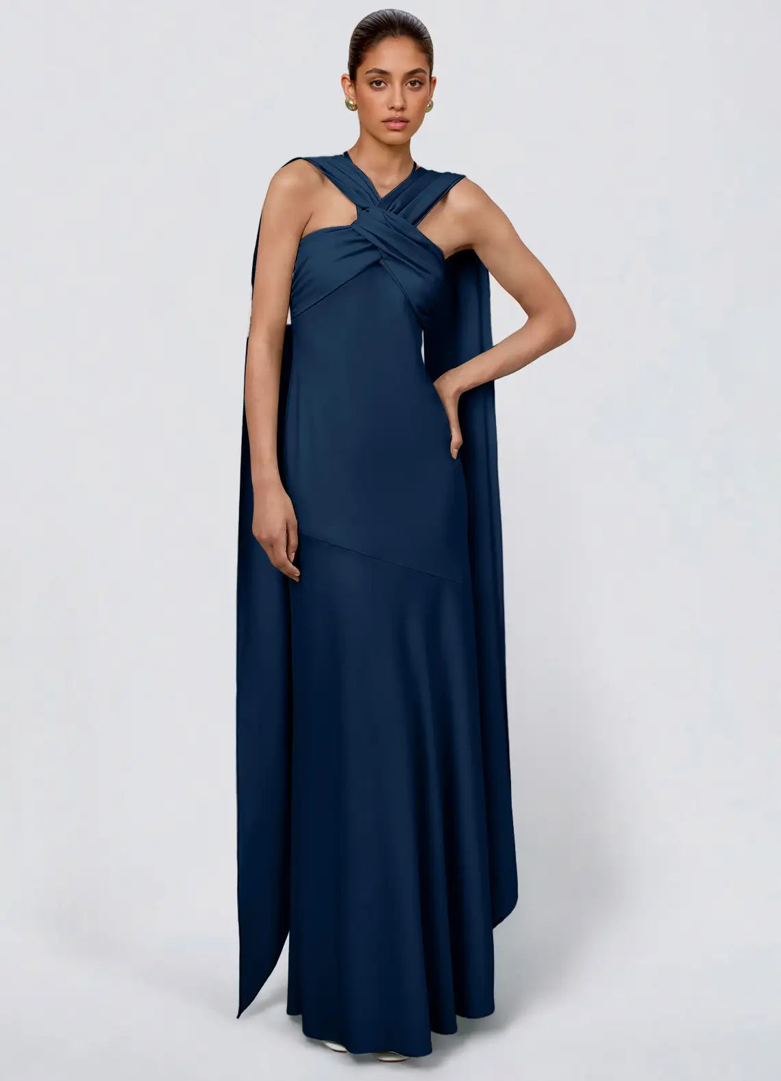 Navy Twist Halter Cape Strap Criss Cross Back Mermaid Maxi Wedding Guest Dress