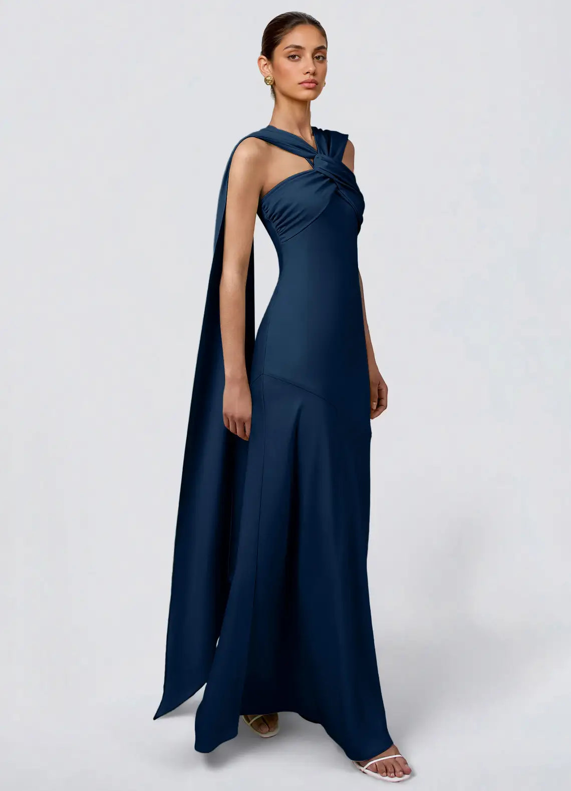 Navy Twist Halter Cape Strap Criss Cross Back Mermaid Maxi Wedding Guest Dress