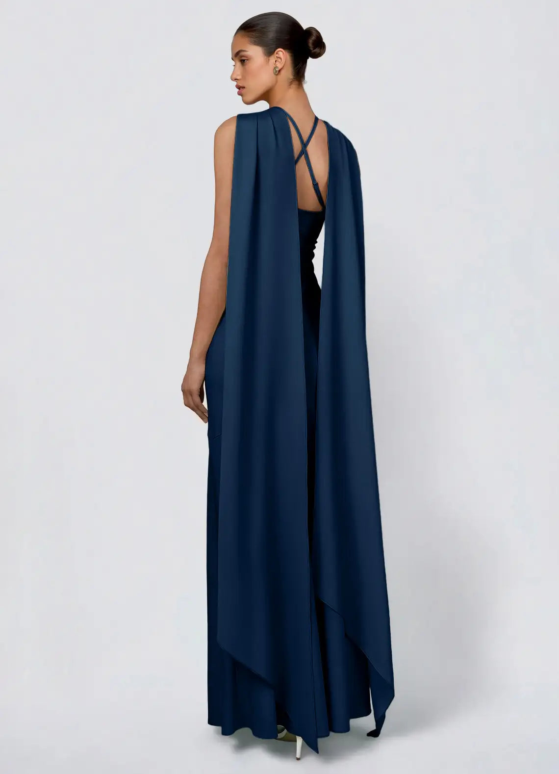 Navy Twist Halter Cape Strap Criss Cross Back Mermaid Maxi Wedding Guest Dress