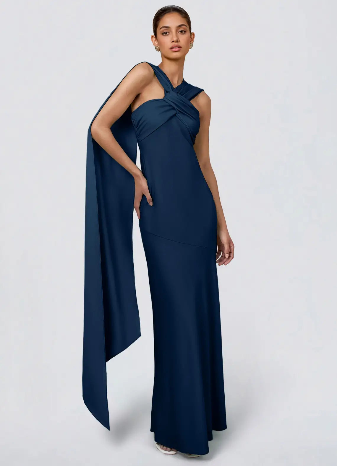 Navy Twist Halter Cape Strap Criss Cross Back Mermaid Maxi Wedding Guest Dress