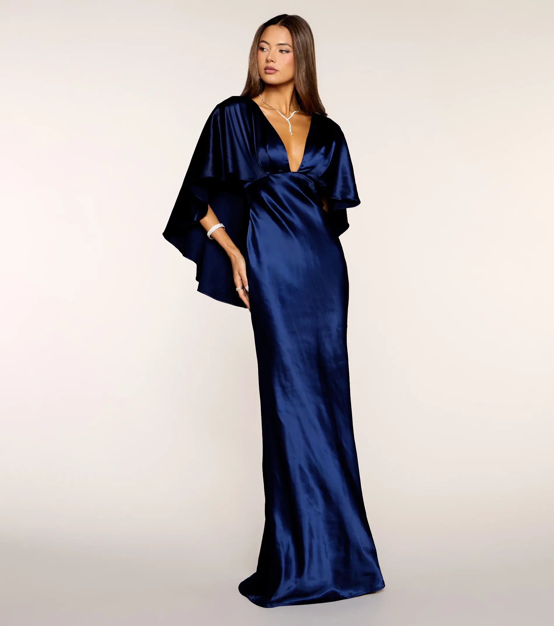 Navy V Neck Cape Sleeve Back Zip Satin Mermaid Maxi Wedding Guest Dress