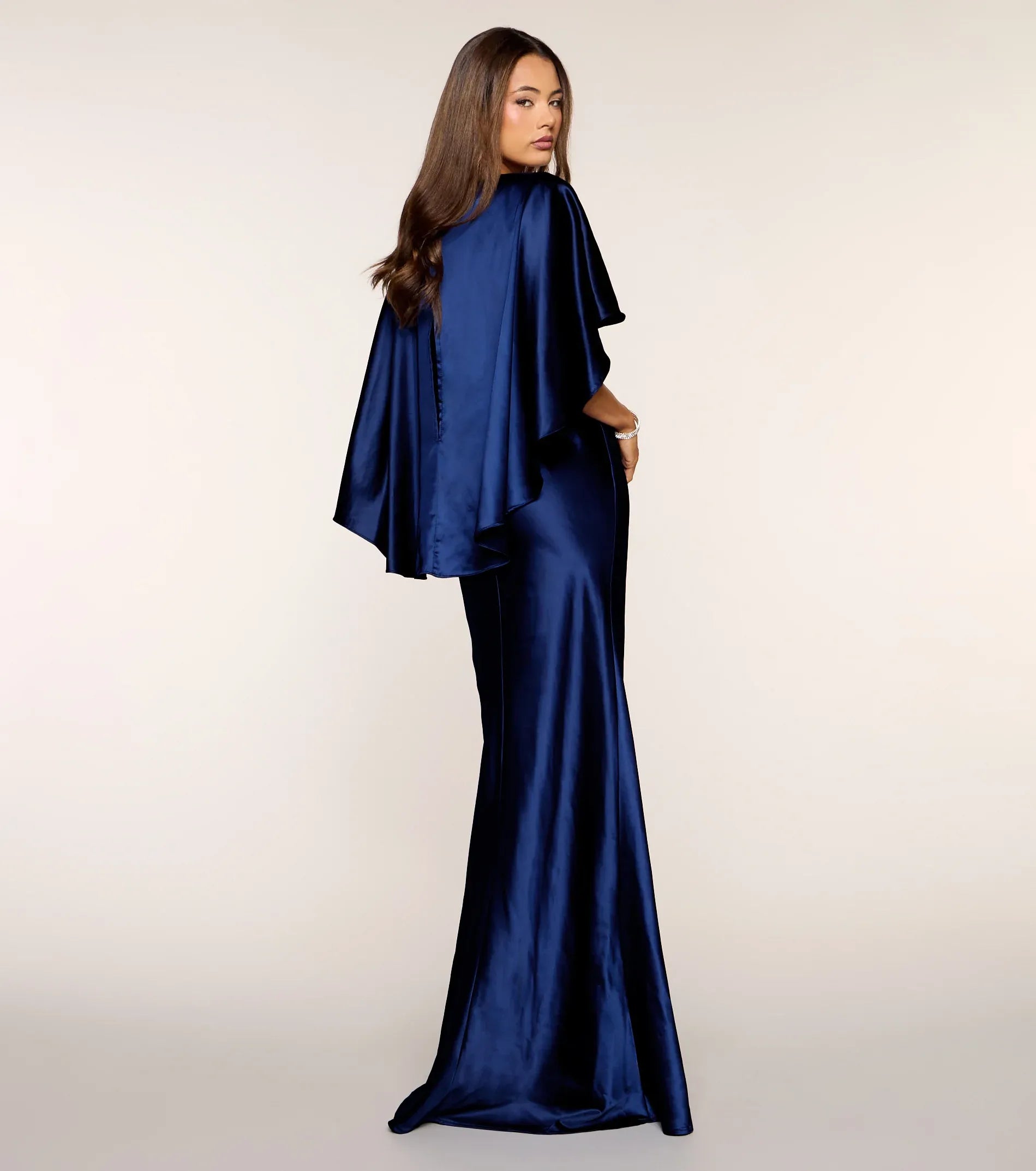 Navy V Neck Cape Sleeve Back Zip Satin Mermaid Maxi Wedding Guest Dress