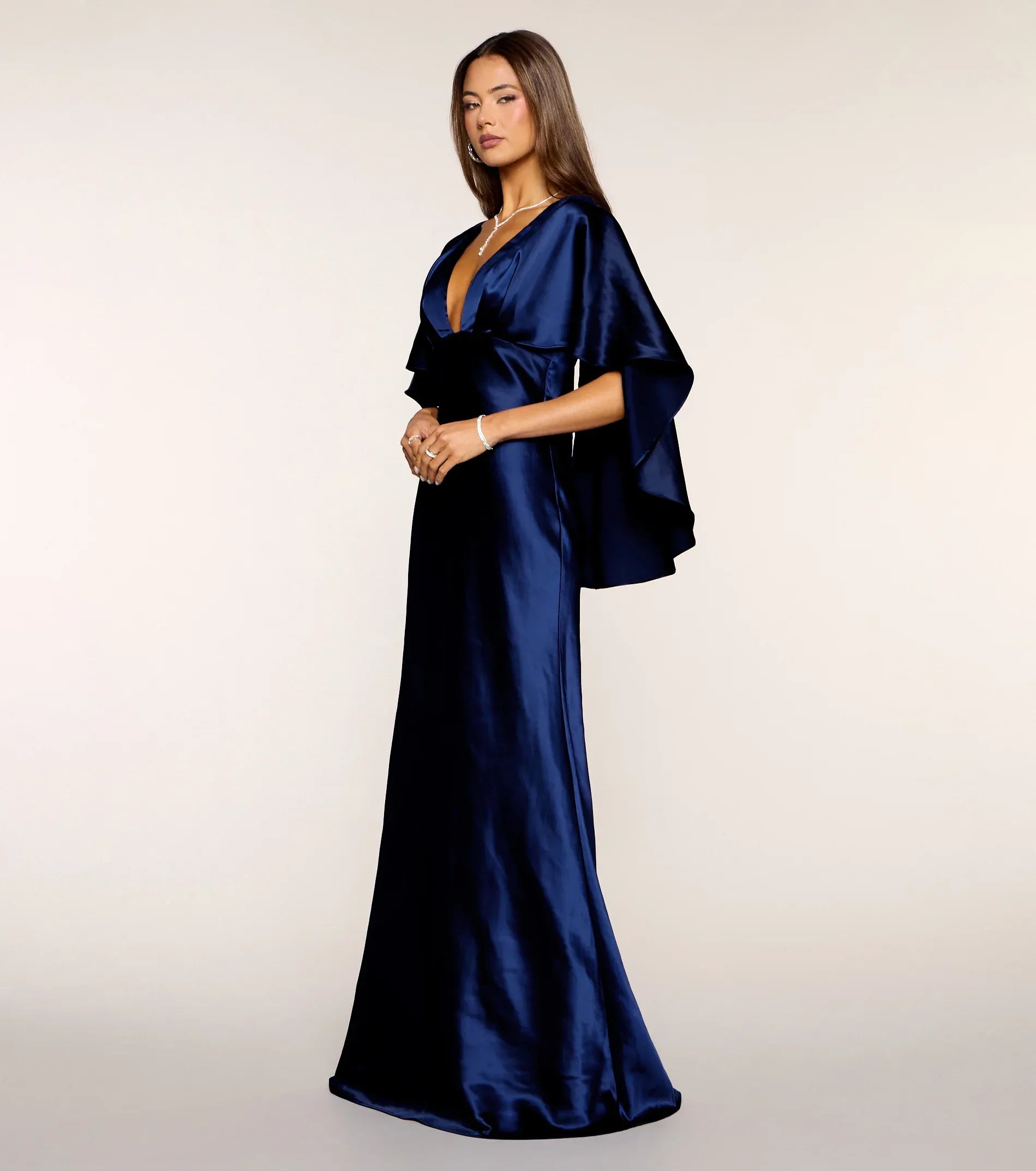 Navy V Neck Cape Sleeve Back Zip Satin Mermaid Maxi Wedding Guest Dress