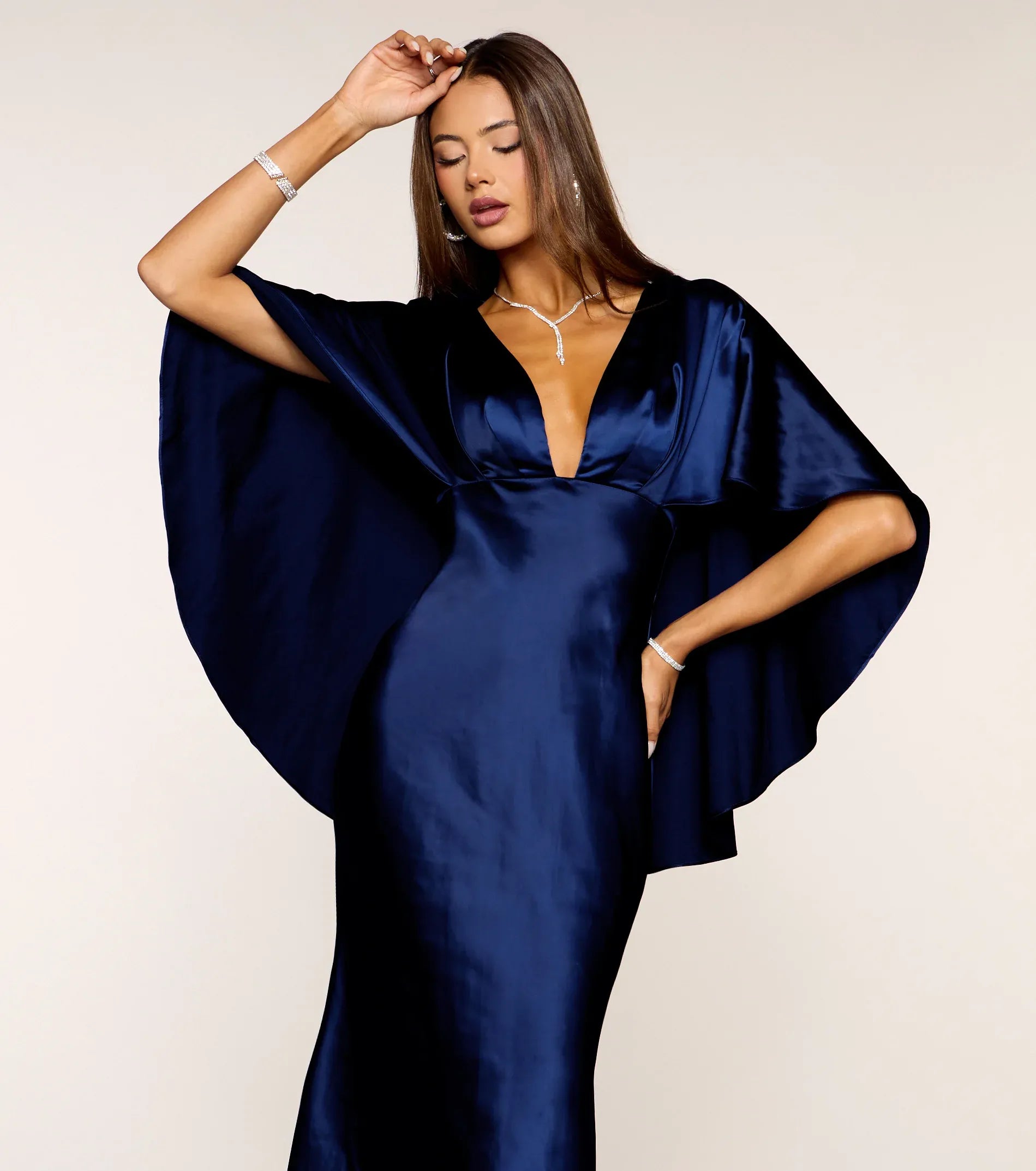 Navy V Neck Cape Sleeve Back Zip Satin Mermaid Maxi Wedding Guest Dress