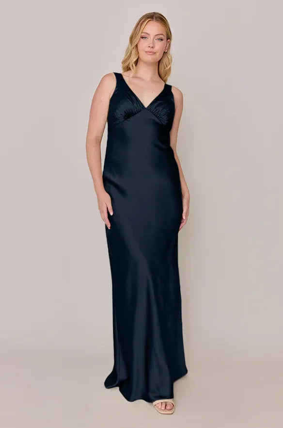 Navy V-Neck Sleeveless Cowl-Back Satin Bridesmaid Dress