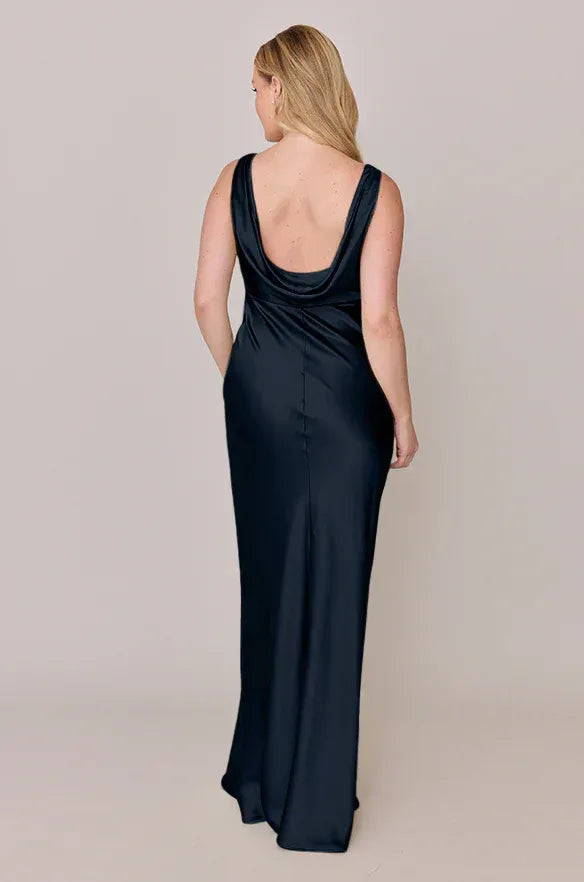 Navy V-Neck Sleeveless Cowl-Back Satin Bridesmaid Dress